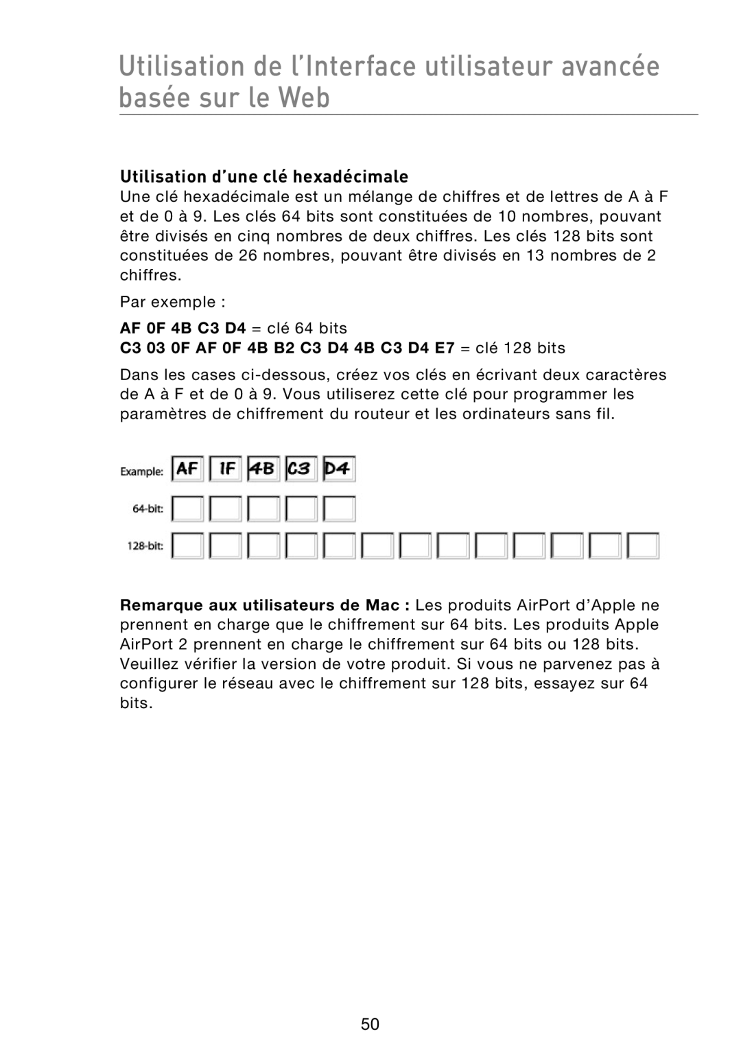 Belkin F5D8233EA4 user manual Utilisation d’une clé hexadécimale 