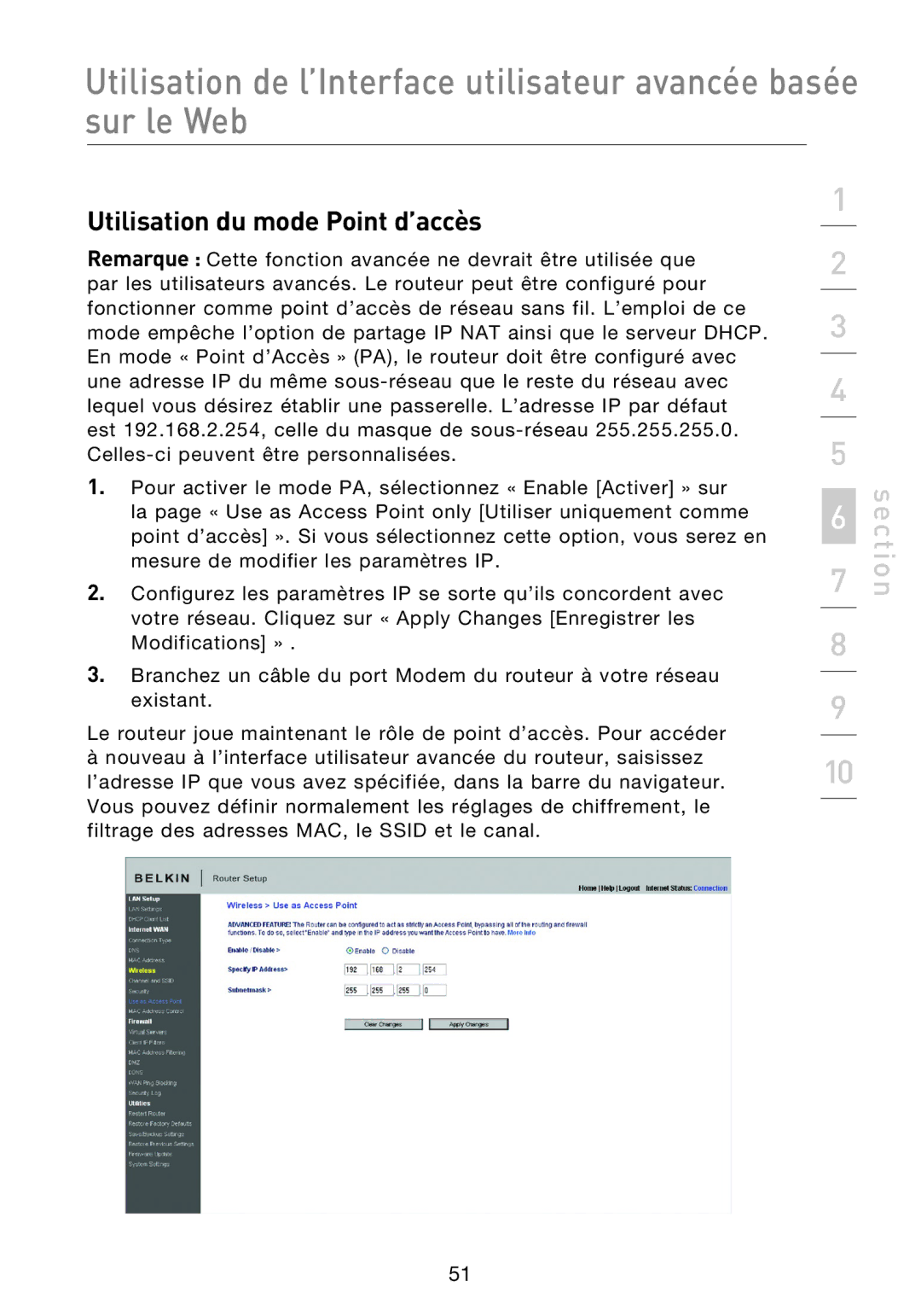 Belkin F5D8233EA4 user manual Utilisation du mode Point d’accès 