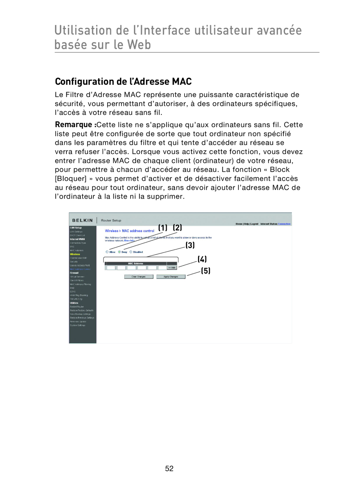 Belkin F5D8233EA4 user manual Configuration de l’Adresse MAC 