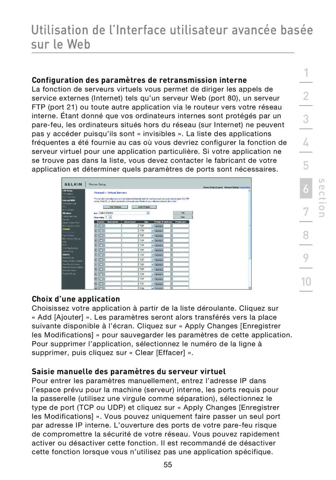 Belkin F5D8233EA4 user manual Configuration des paramètres de retransmission interne, Choix d’une application 