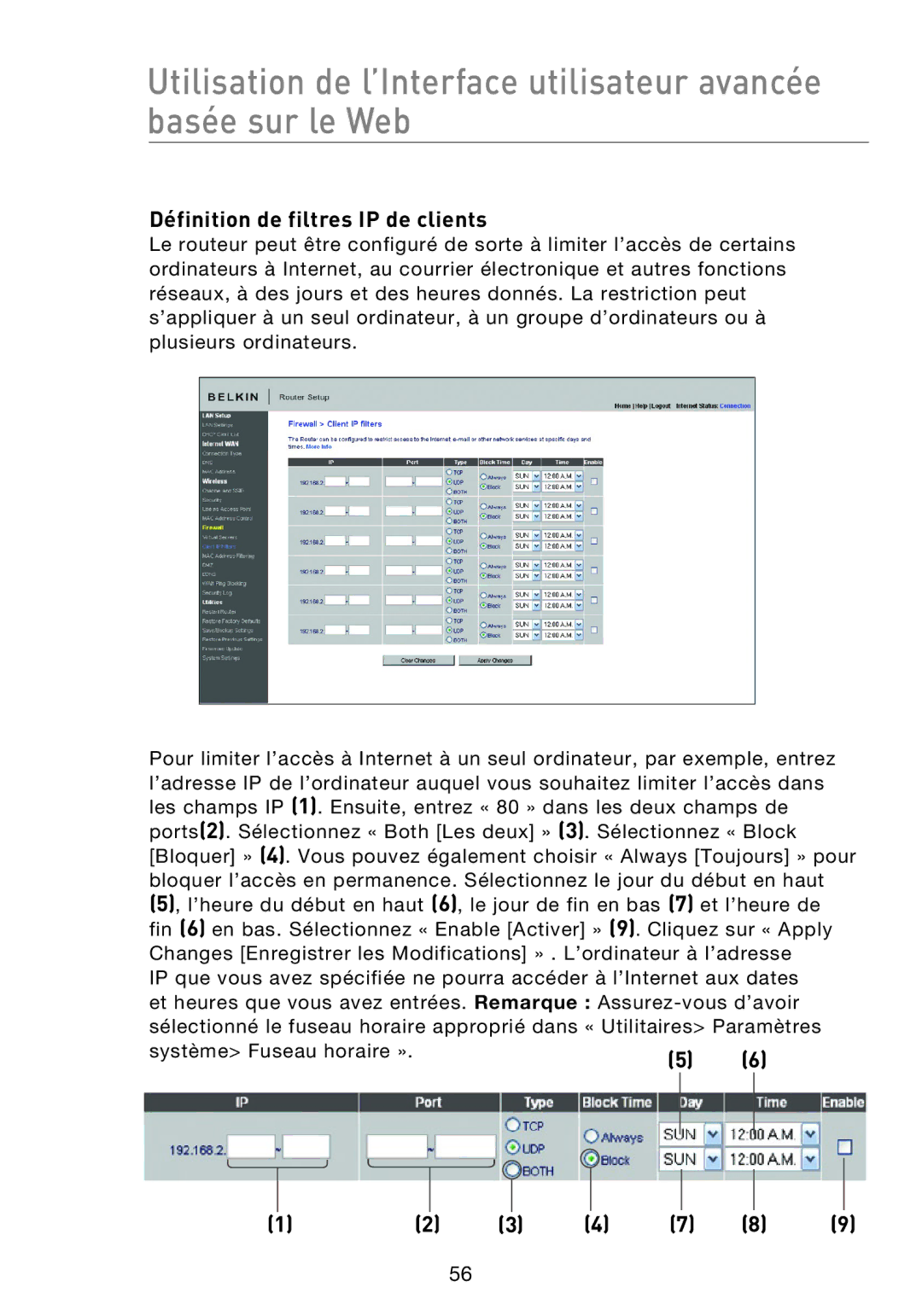 Belkin F5D8233EA4 user manual Définition de filtres IP de clients, 12 3 4 7 8, Système Fuseau horaire » 