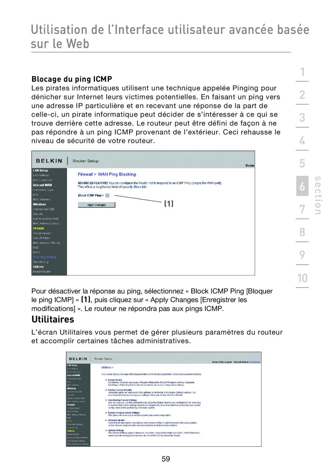 Belkin F5D8233EA4 user manual Utilitaires, Blocage du ping Icmp 