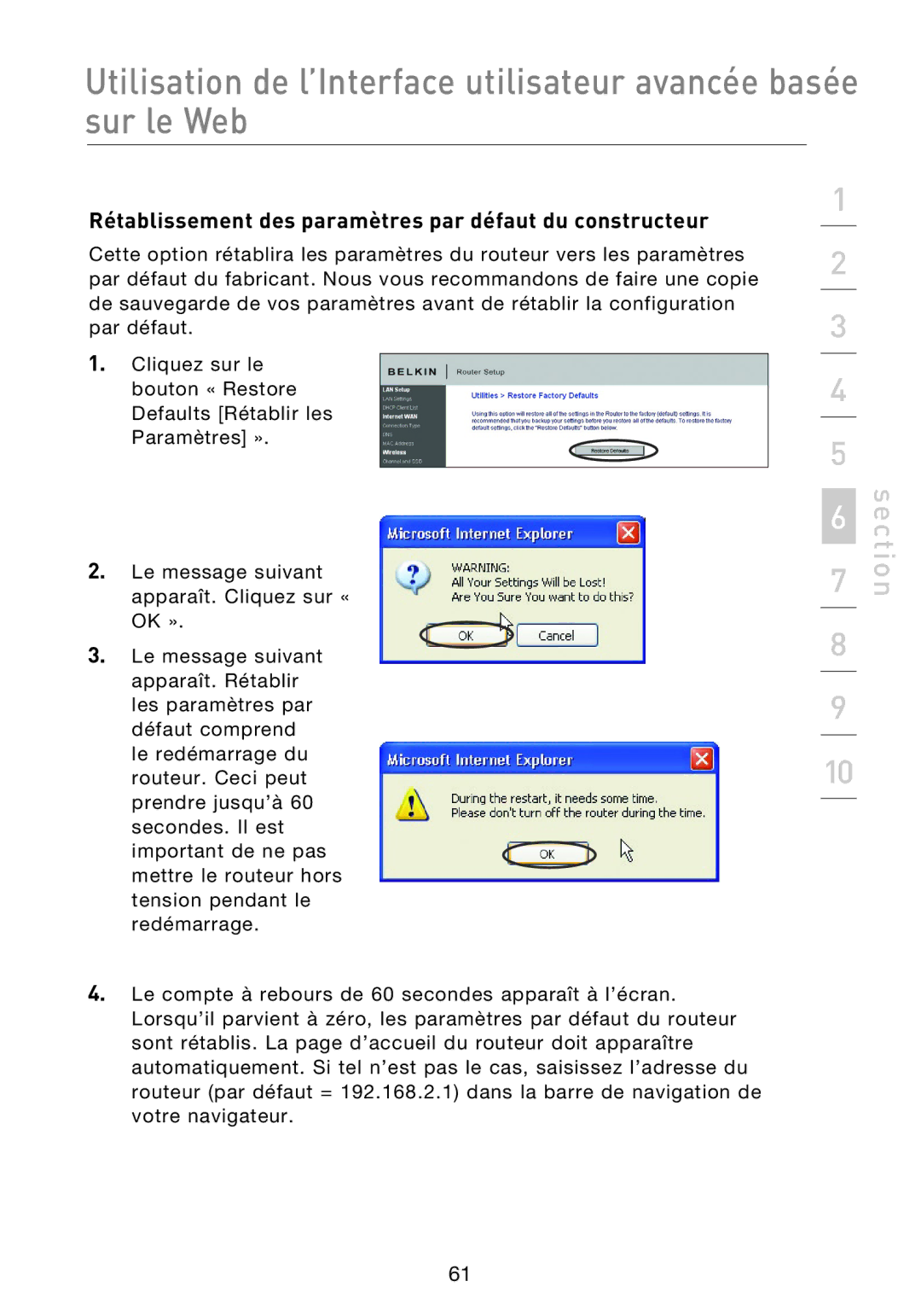 Belkin F5D8233EA4 user manual Rétablissement des paramètres par défaut du constructeur 