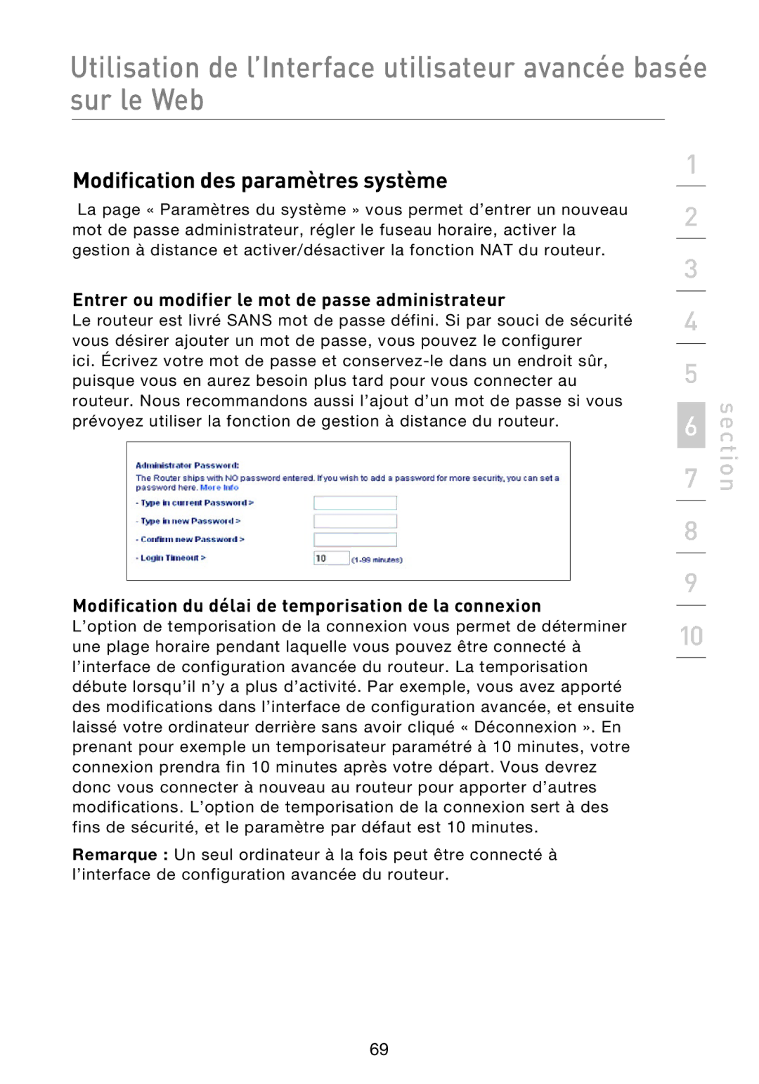 Belkin F5D8233EA4 user manual Modification des paramètres système, Entrer ou modifier le mot de passe administrateur 