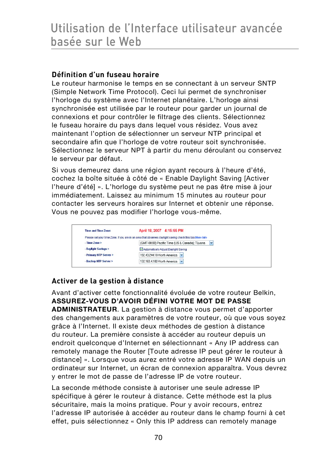 Belkin F5D8233EA4 user manual Définition d’un fuseau horaire, Activer de la gestion à distance 