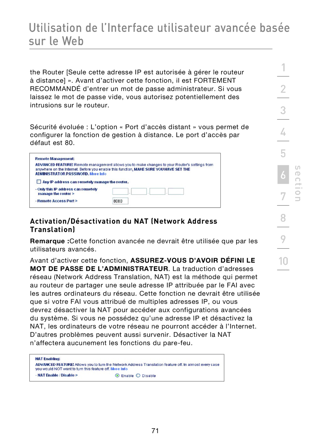 Belkin F5D8233EA4 user manual Activation/Désactivation du NAT Network Address Translation 