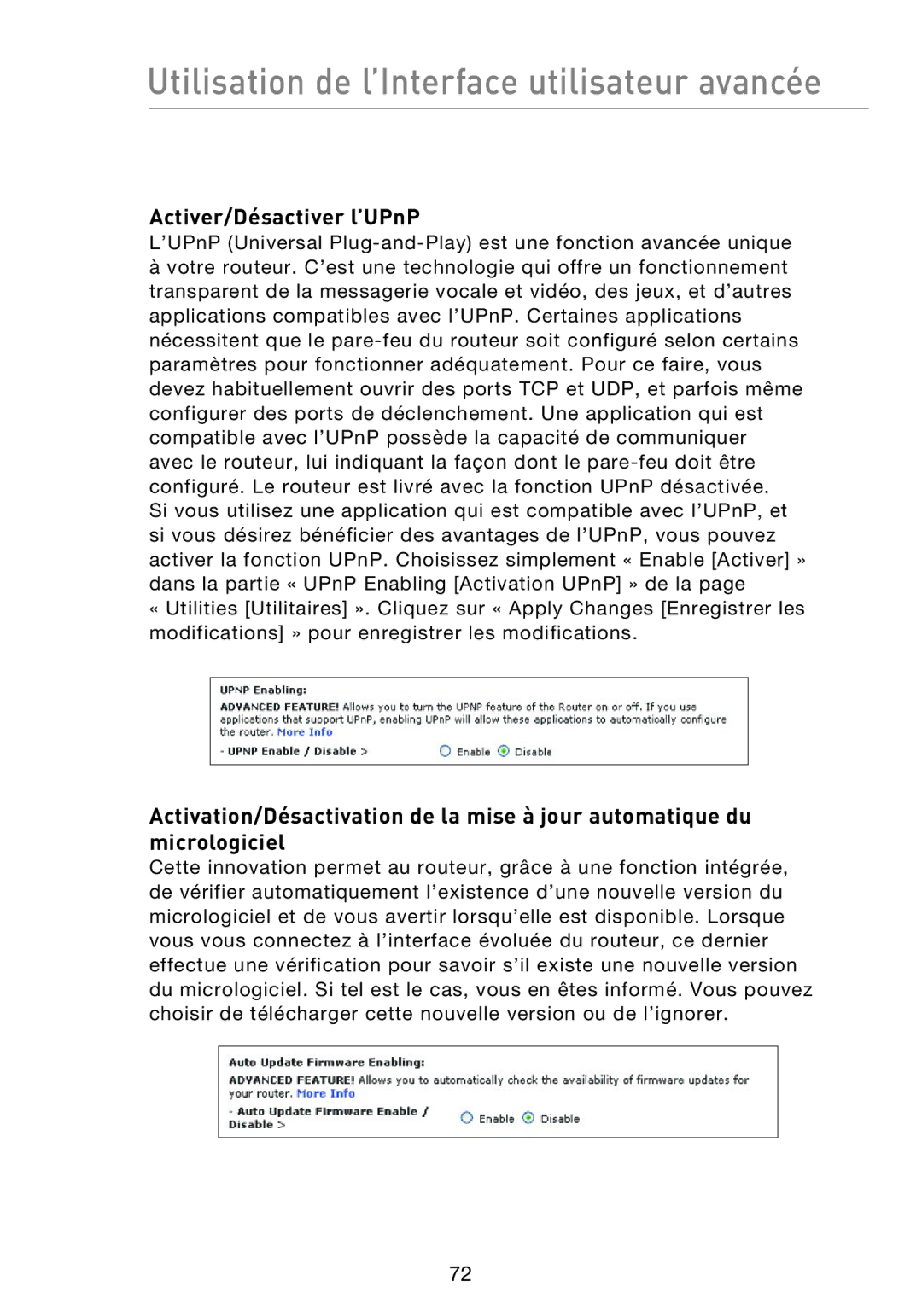 Belkin F5D8233EA4 user manual Utilisation de l’Interface utilisateur avancée, Activer/Désactiver l’UPnP 