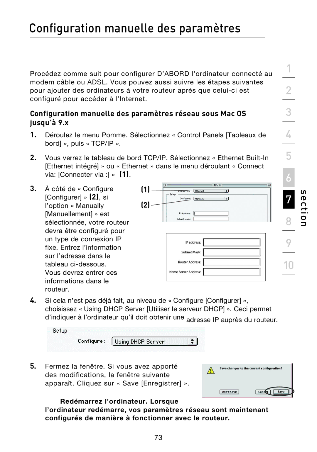 Belkin F5D8233EA4 user manual Configuration manuelle des paramètres réseau sous Mac OS, Jusqu’à 