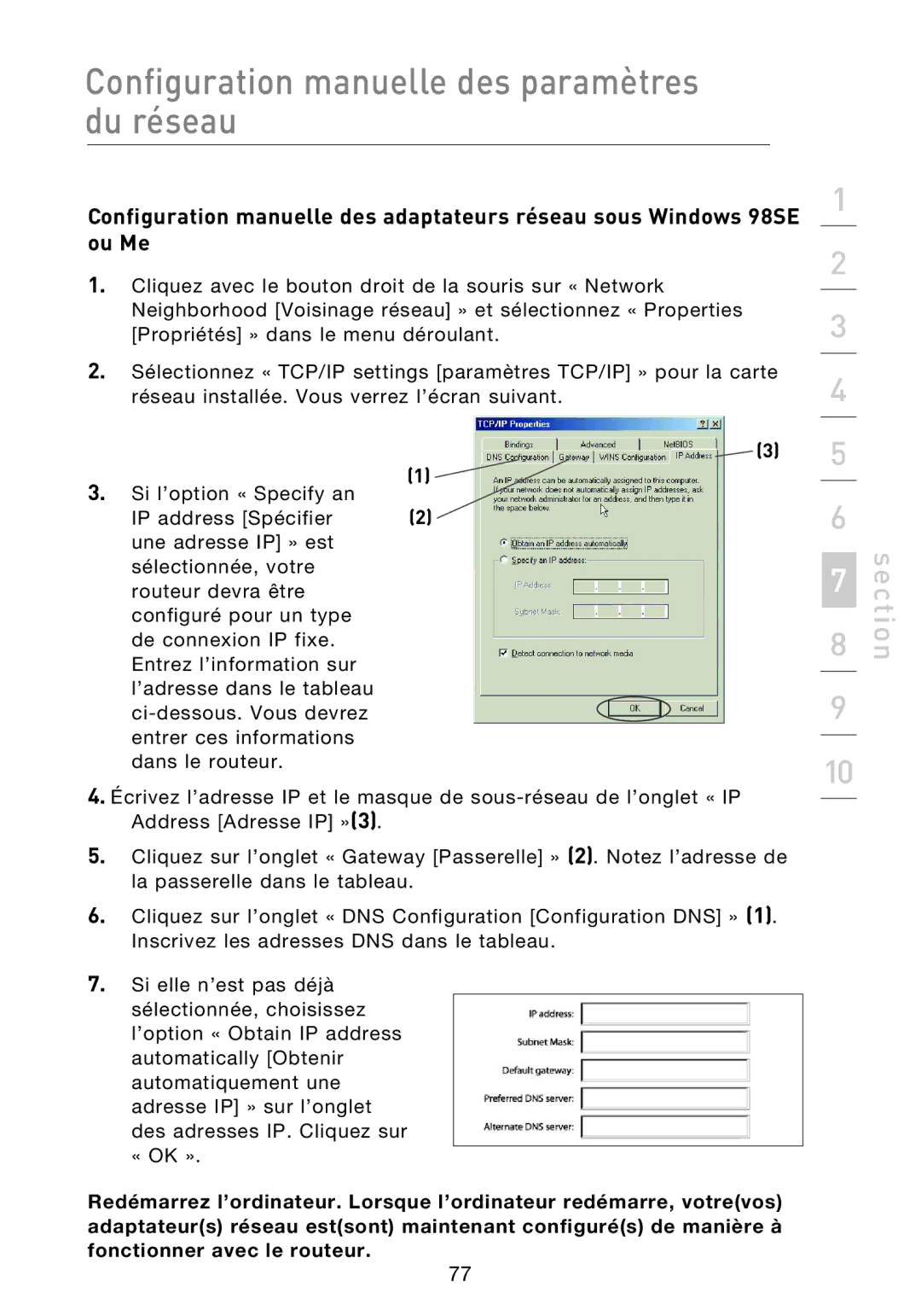 Belkin F5D8233EA4 user manual Configuration manuelle des paramètres du réseau 