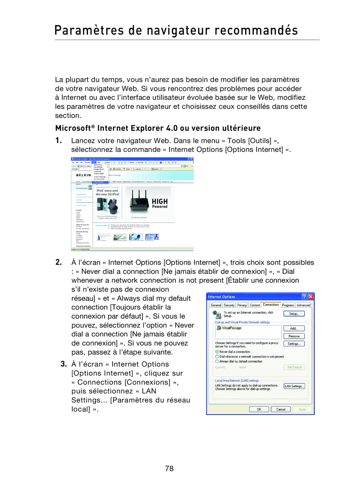 Belkin F5D8233EA4 user manual Paramètres de navigateur recommandés, Microsoft Internet Explorer 4.0 ou version ultérieure 