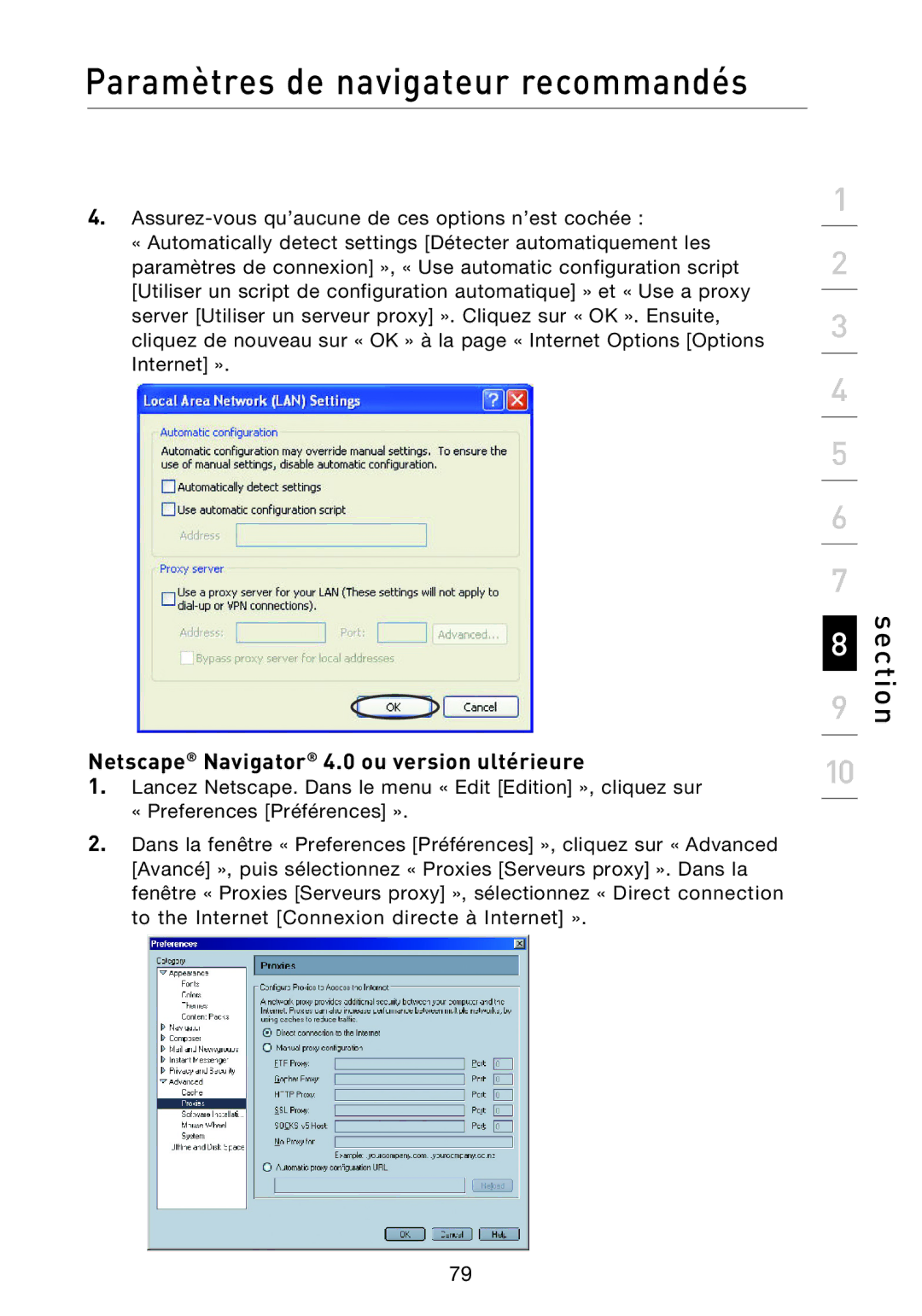 Belkin F5D8233EA4 user manual Netscape Navigator 4.0 ou version ultérieure 