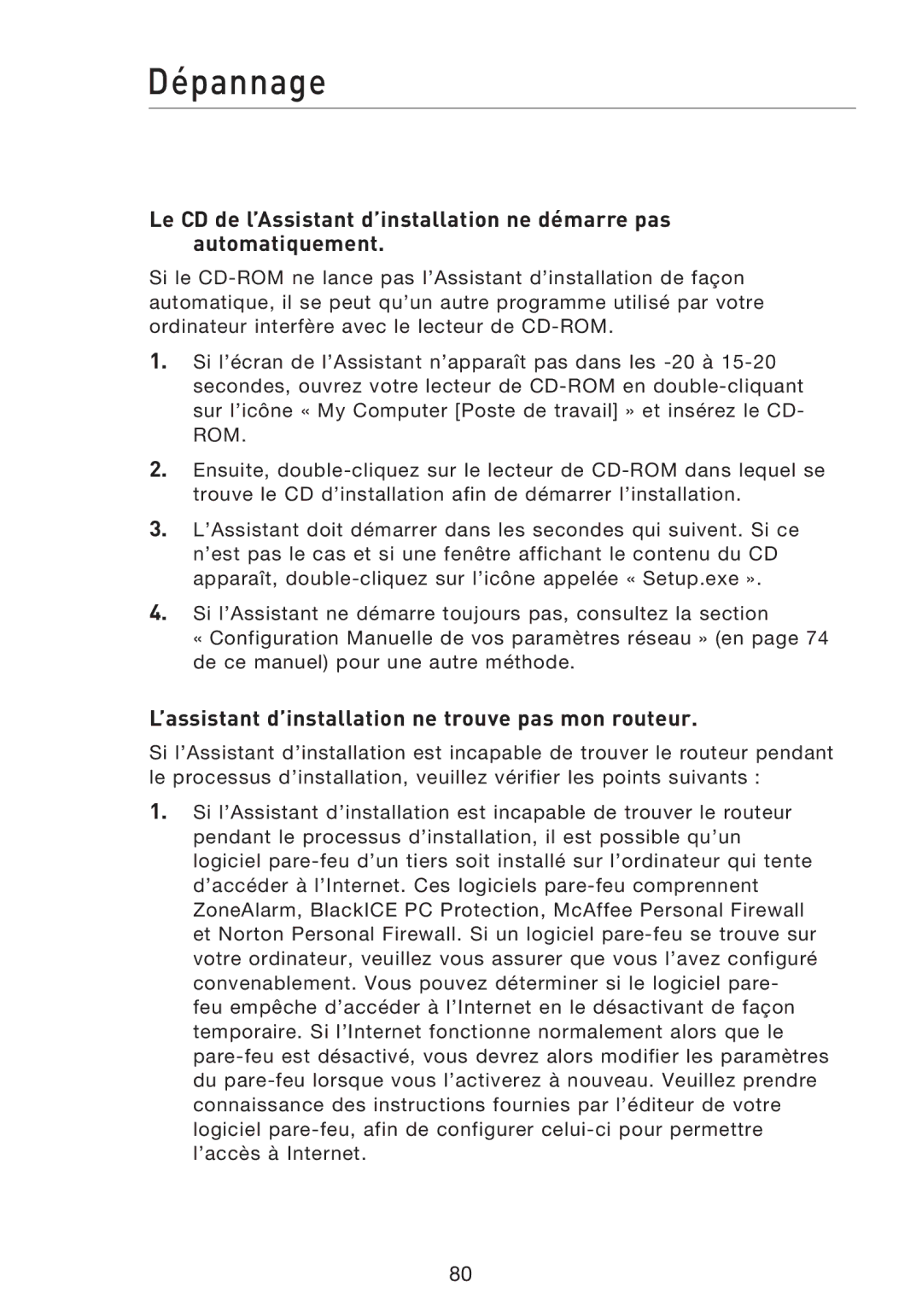 Belkin F5D8233EA4 user manual Dépannage, ’assistant d’installation ne trouve pas mon routeur 