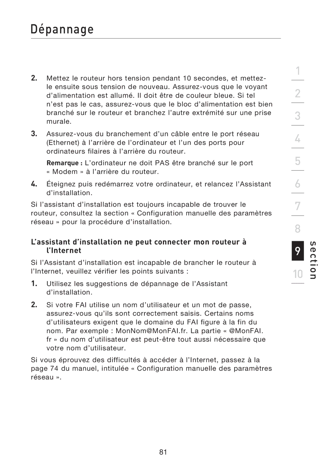 Belkin F5D8233EA4 user manual Dépannage 