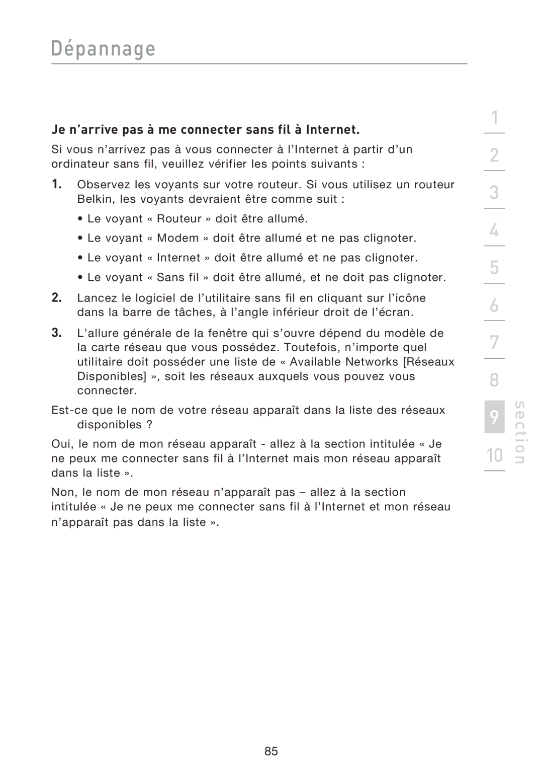 Belkin F5D8233EA4 user manual Je n’arrive pas à me connecter sans fil à Internet 