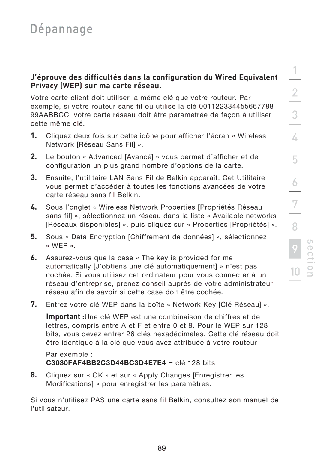 Belkin F5D8233EA4 user manual Dépannage 