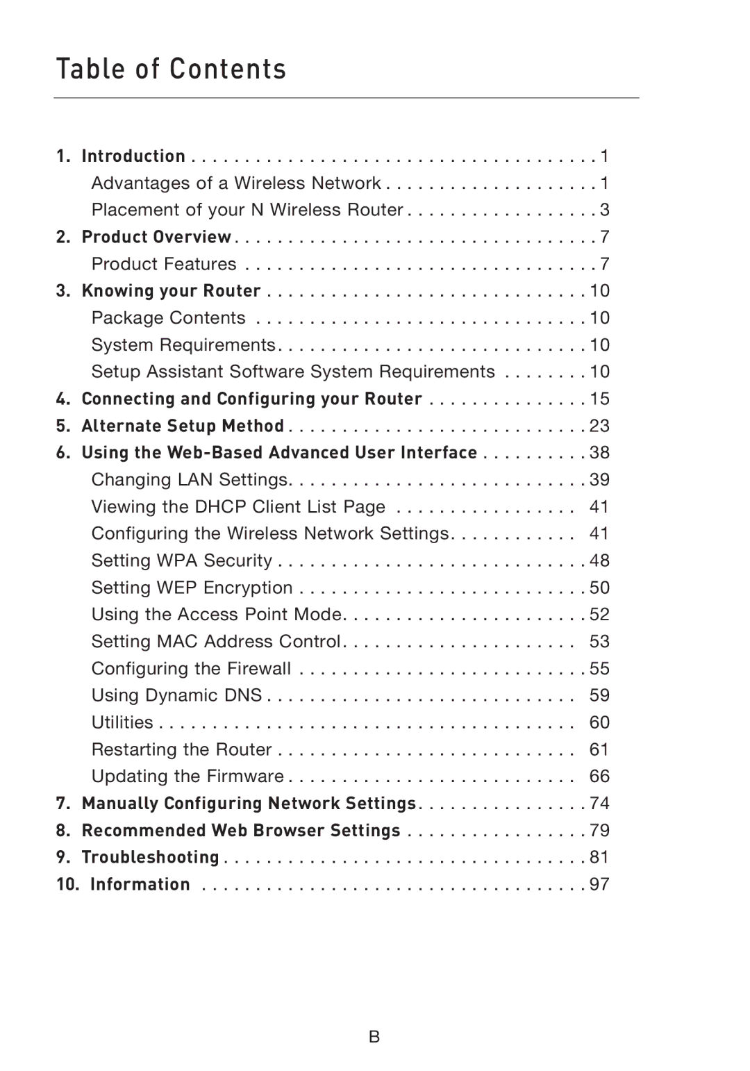 Belkin F5D8233EA4 user manual Table of Contents 