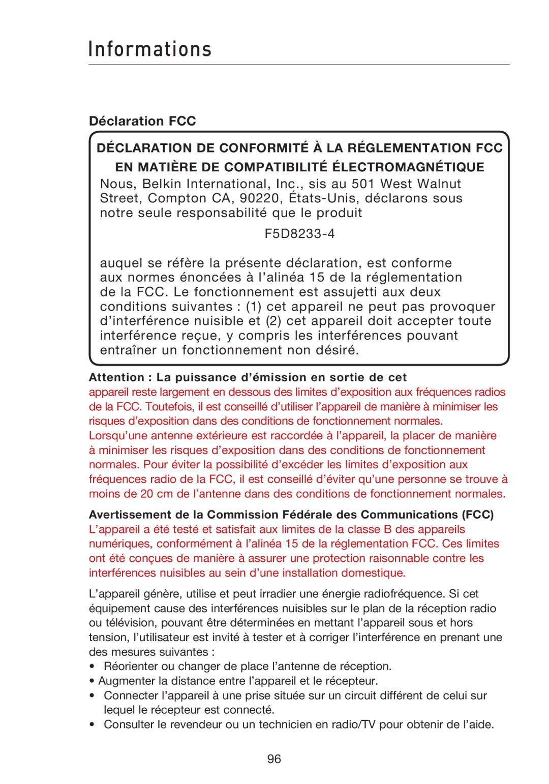 Belkin F5D8233EA4 user manual Informations, Déclaration FCC 