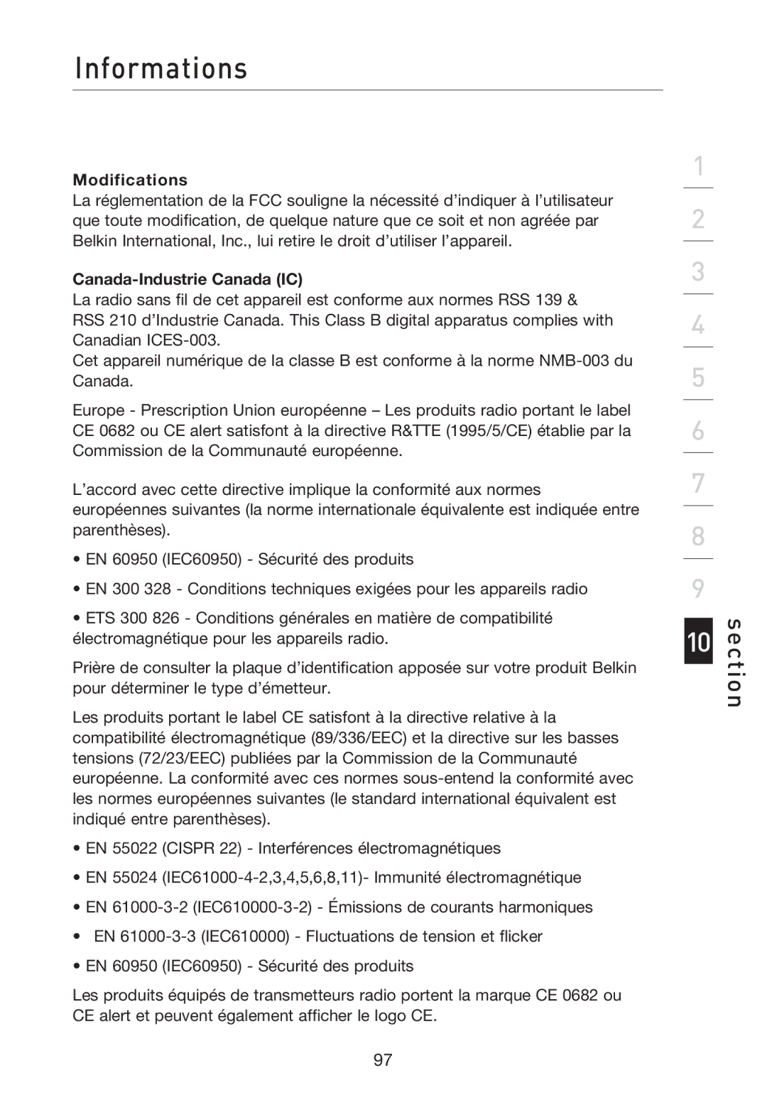 Belkin F5D8233EA4 user manual Modifications, Canada-Industrie Canada IC 