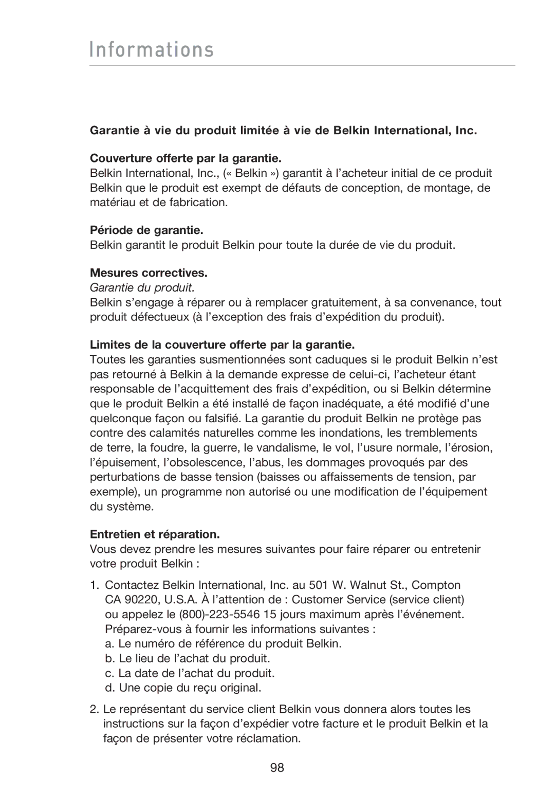 Belkin F5D8233EA4 Informations, Période de garantie, Mesures correctives, Limites de la couverture offerte par la garantie 