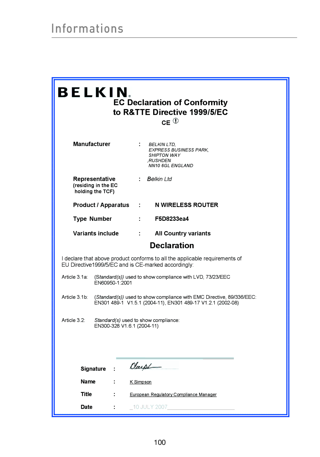 Belkin F5D8233EA4 user manual EC Declaration of Conformity to R&TTE Directive 1999/5/EC 