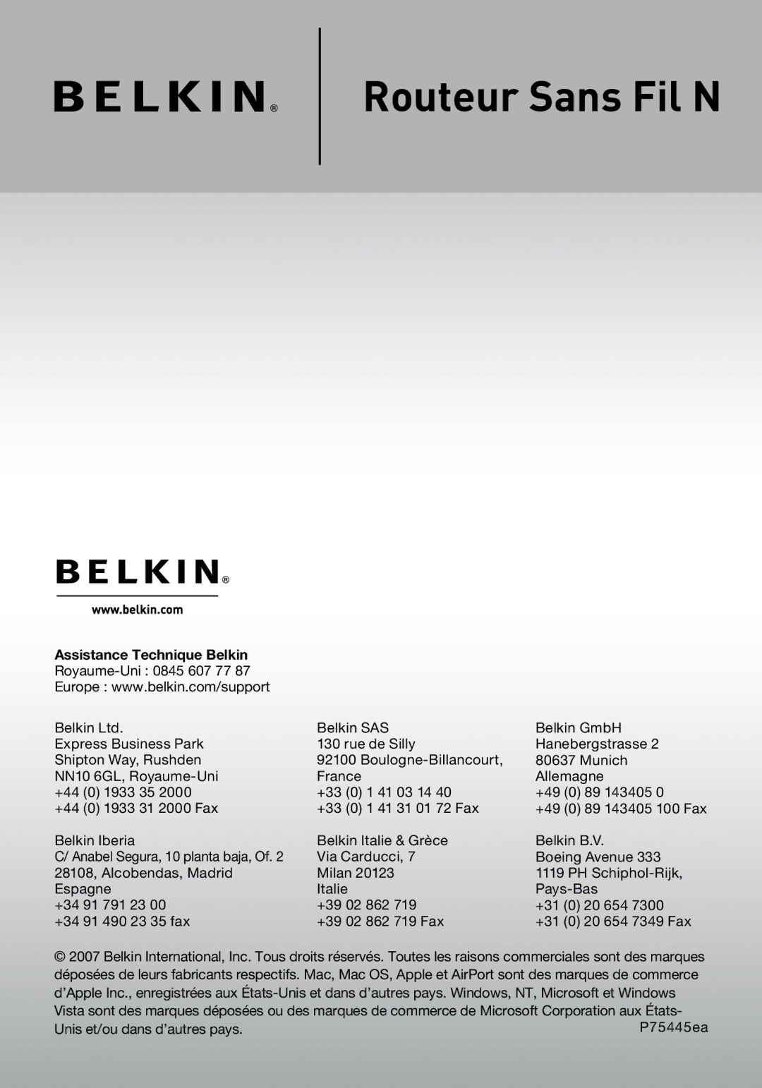 Belkin F5D8233EA4 user manual Assistance Technique Belkin 