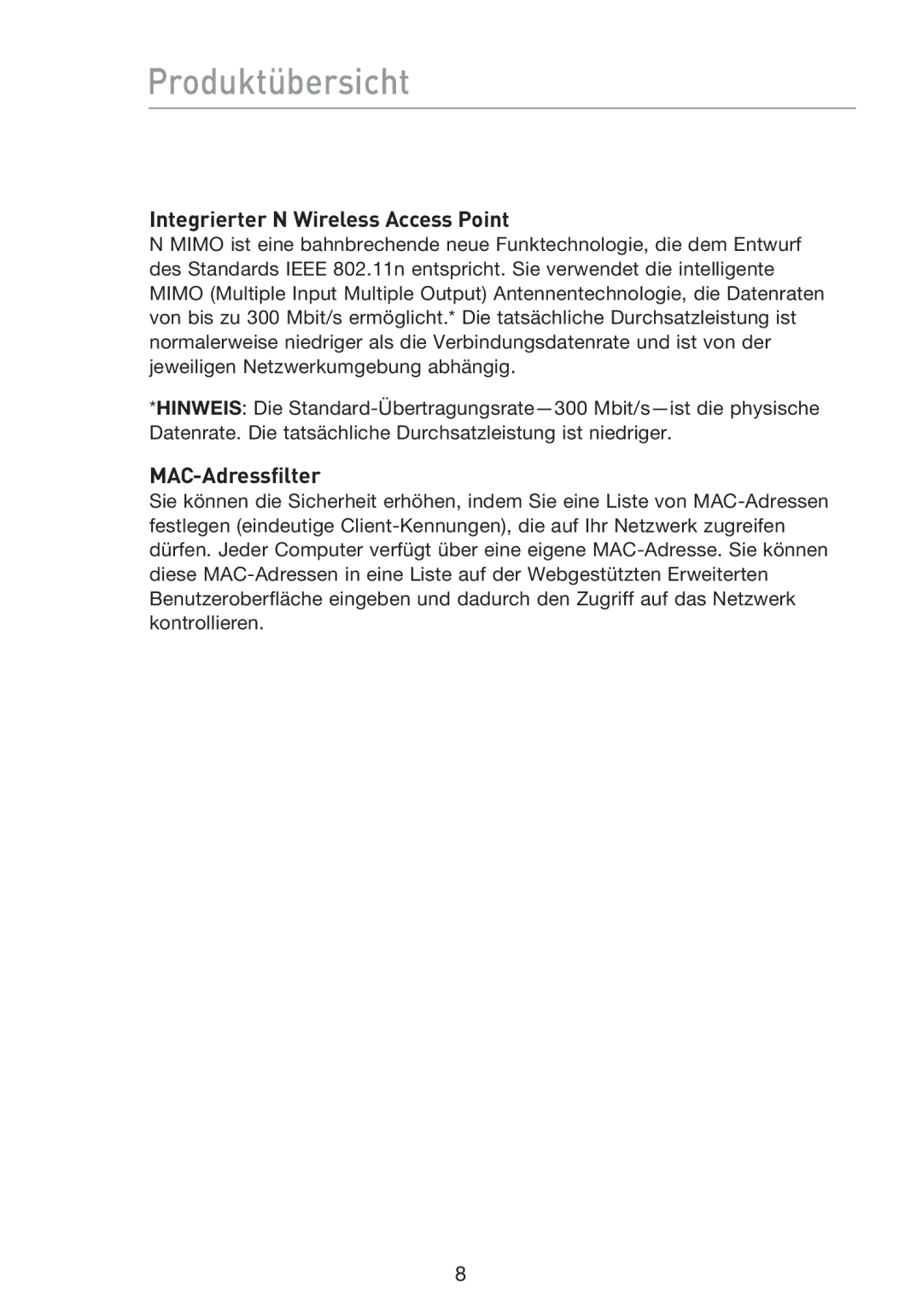 Belkin F5D8233EA4 user manual Produktübersicht, Integrierter N Wireless Access Point, MAC-Adressfilter 