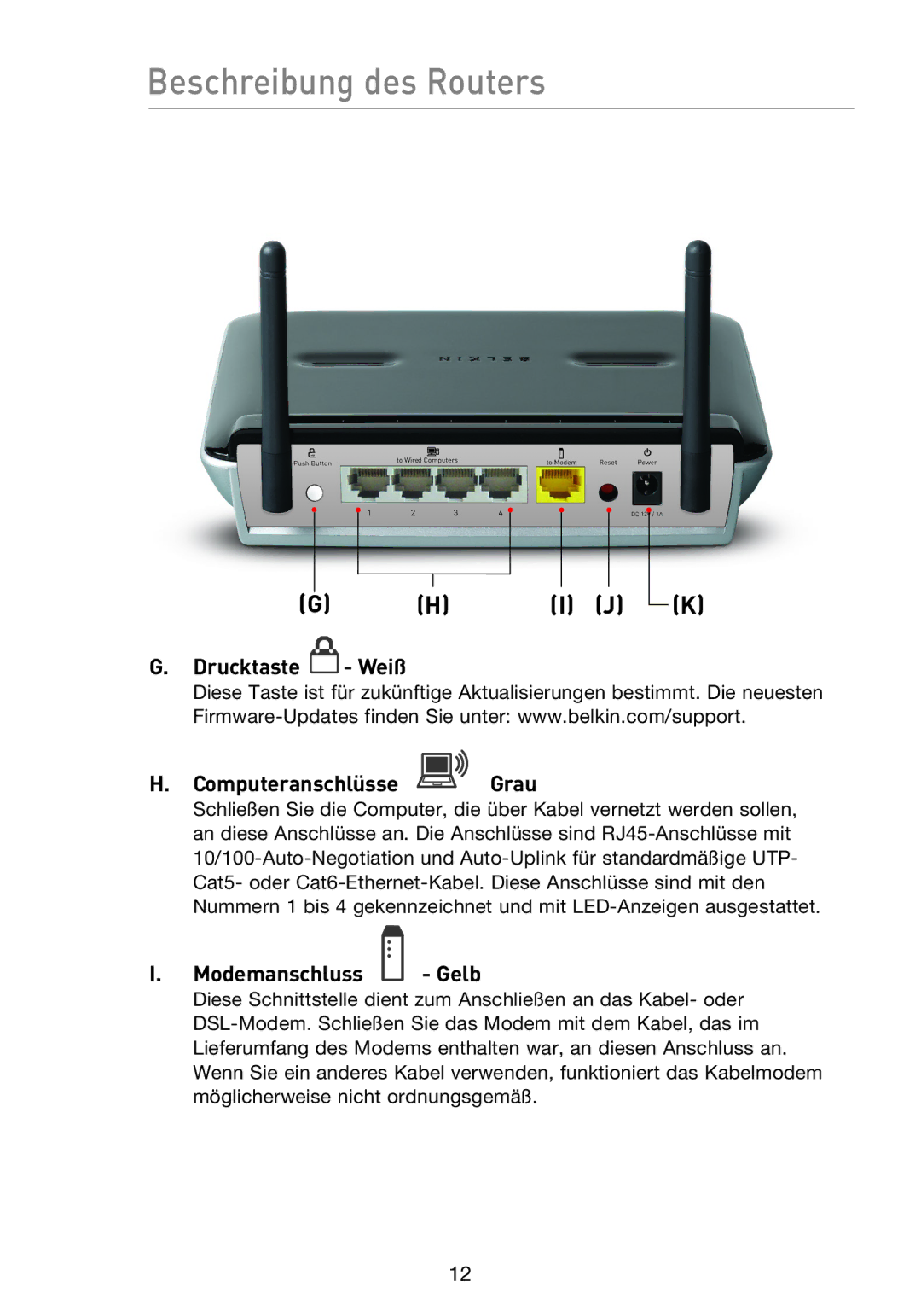 Belkin F5D8233EA4 user manual Drucktaste Weiß Computeranschlüsse Grau, Modemanschluss Gelb 