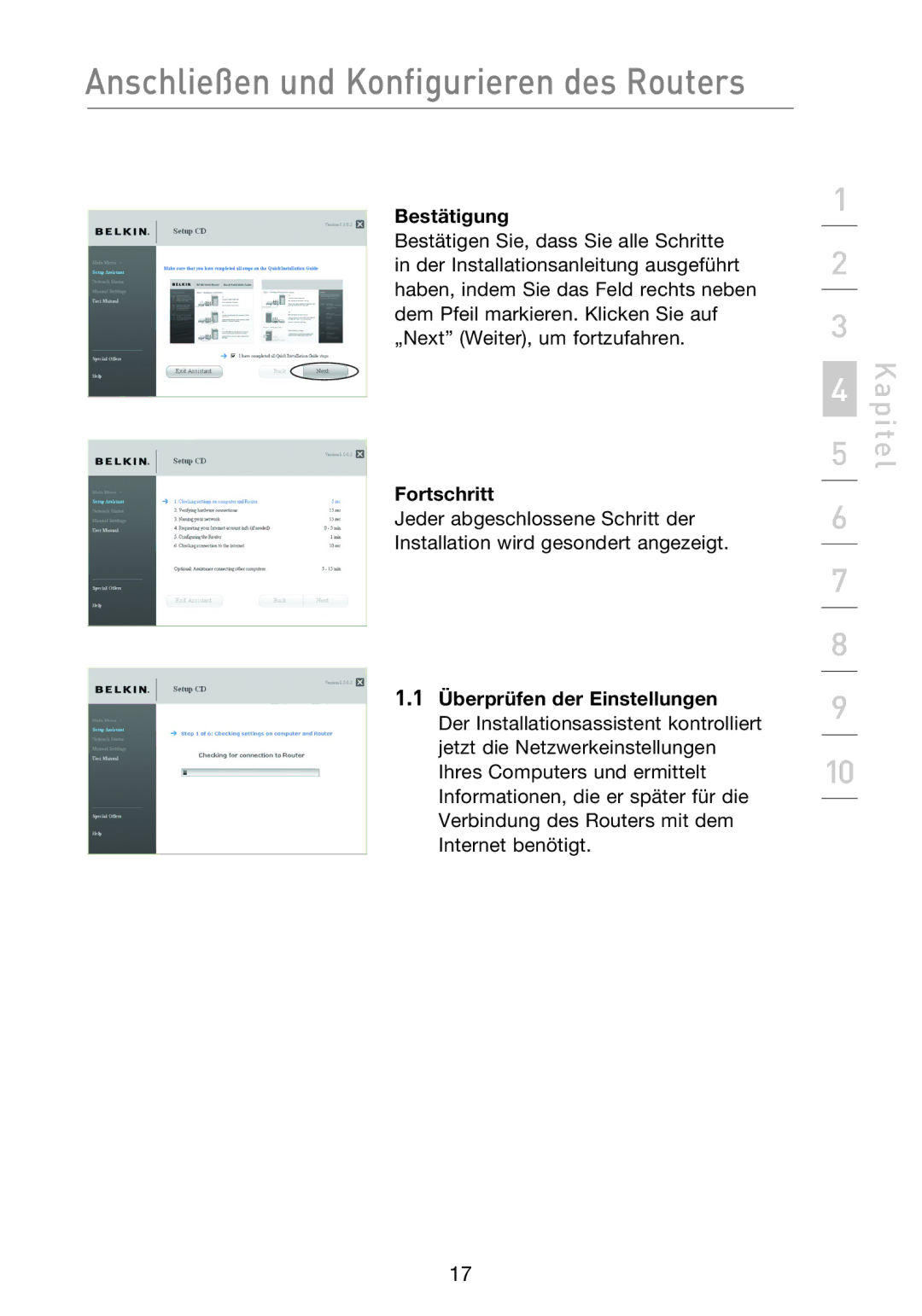 Belkin F5D8233EA4 user manual Bestätigung, Fortschritt, Überprüfen der Einstellungen 