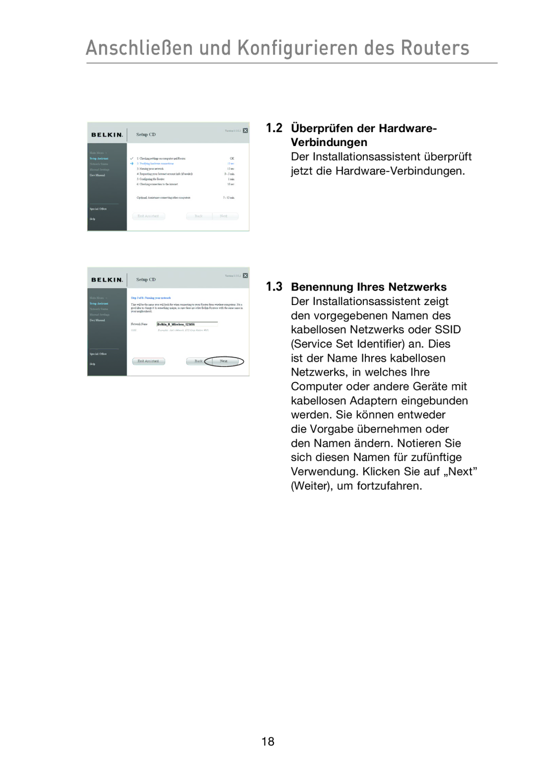 Belkin F5D8233EA4 user manual Überprüfen der Hardware- Verbindungen 