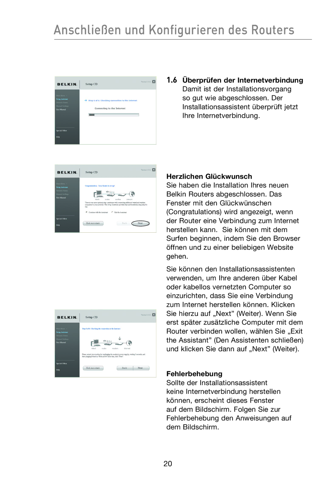 Belkin F5D8233EA4 user manual Herzlichen Glückwunsch, Fehlerbehebung 