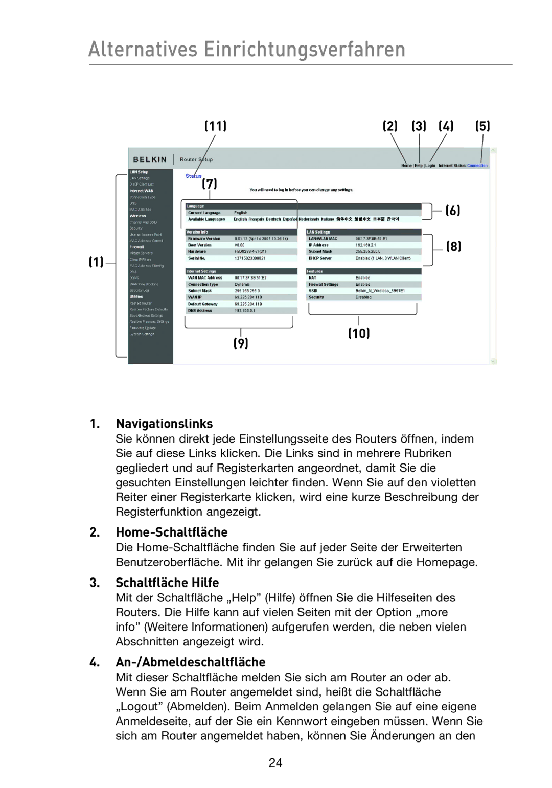 Belkin F5D8233EA4 user manual Alternatives Einrichtungsverfahren, Navigationslinks, Home-Schaltfläche, Schaltfläche Hilfe 