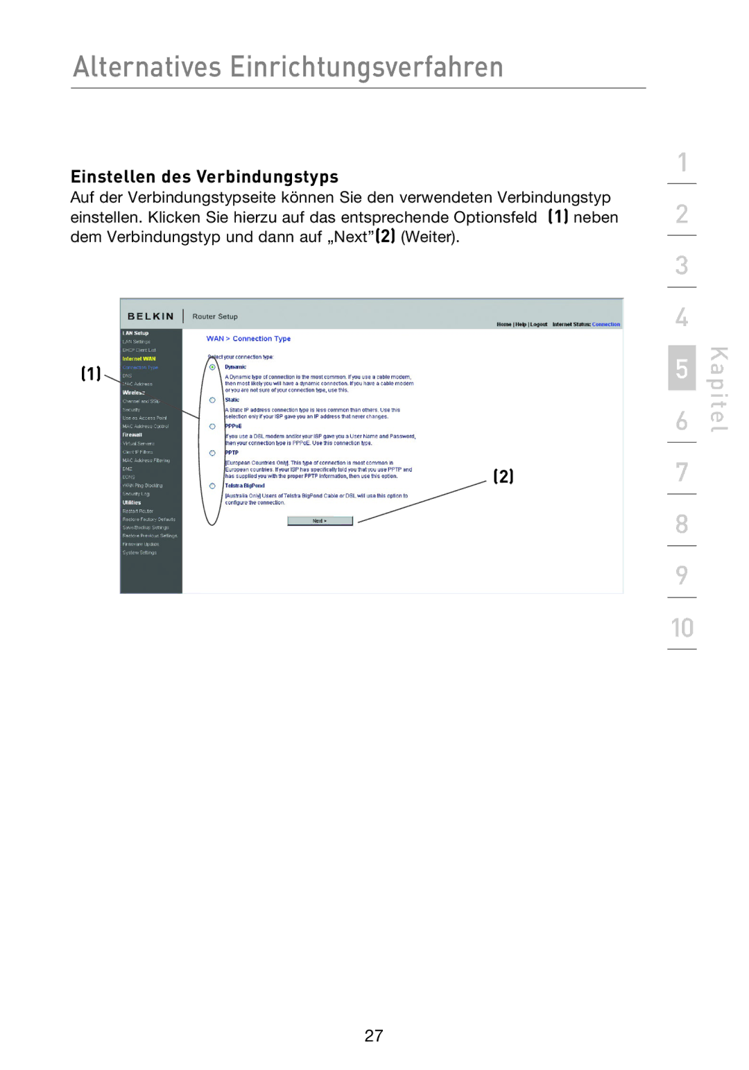 Belkin F5D8233EA4 user manual Einstellen des Verbindungstyps 