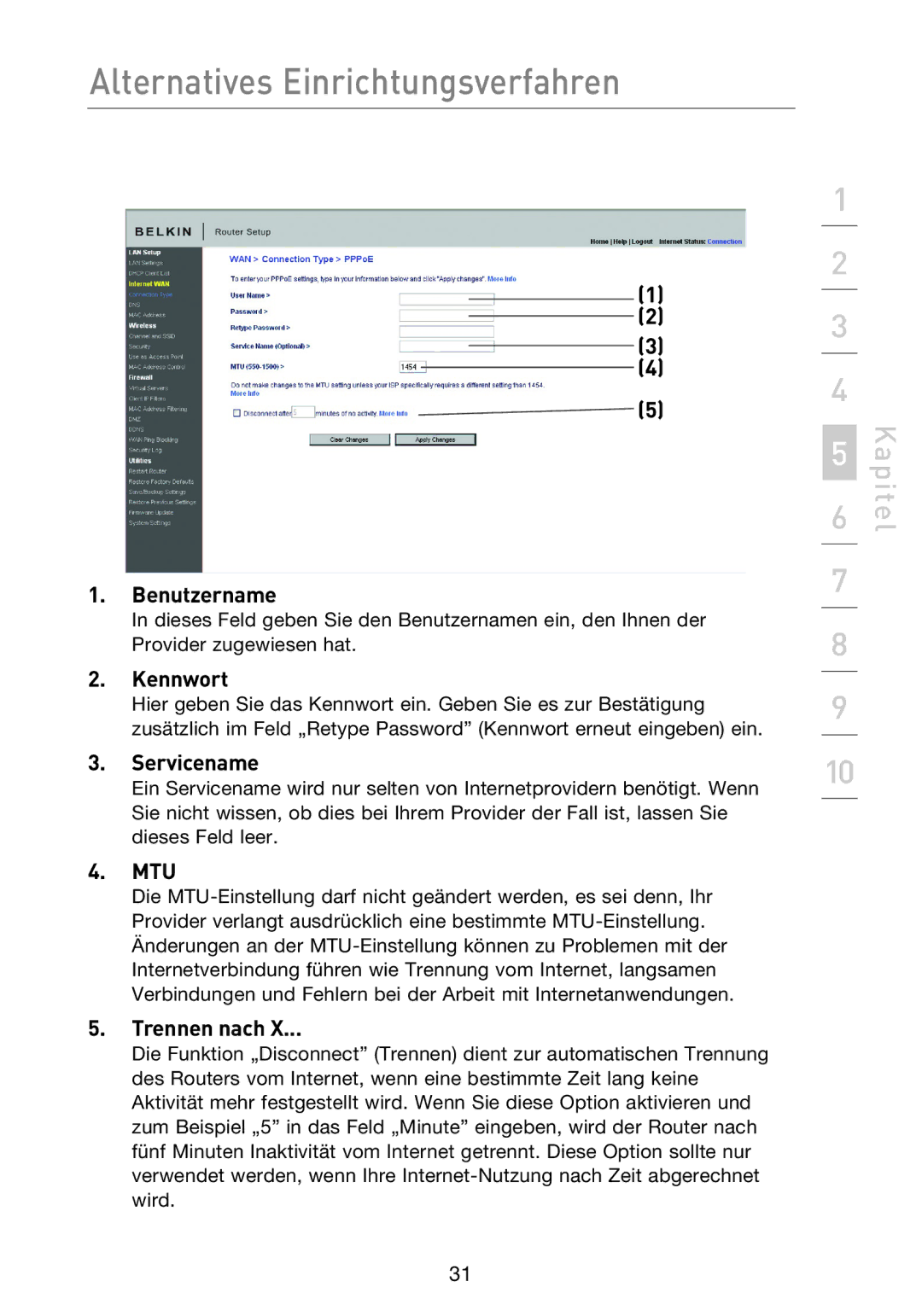 Belkin F5D8233EA4 user manual Benutzername, Kennwort, Servicename, Trennen nach 