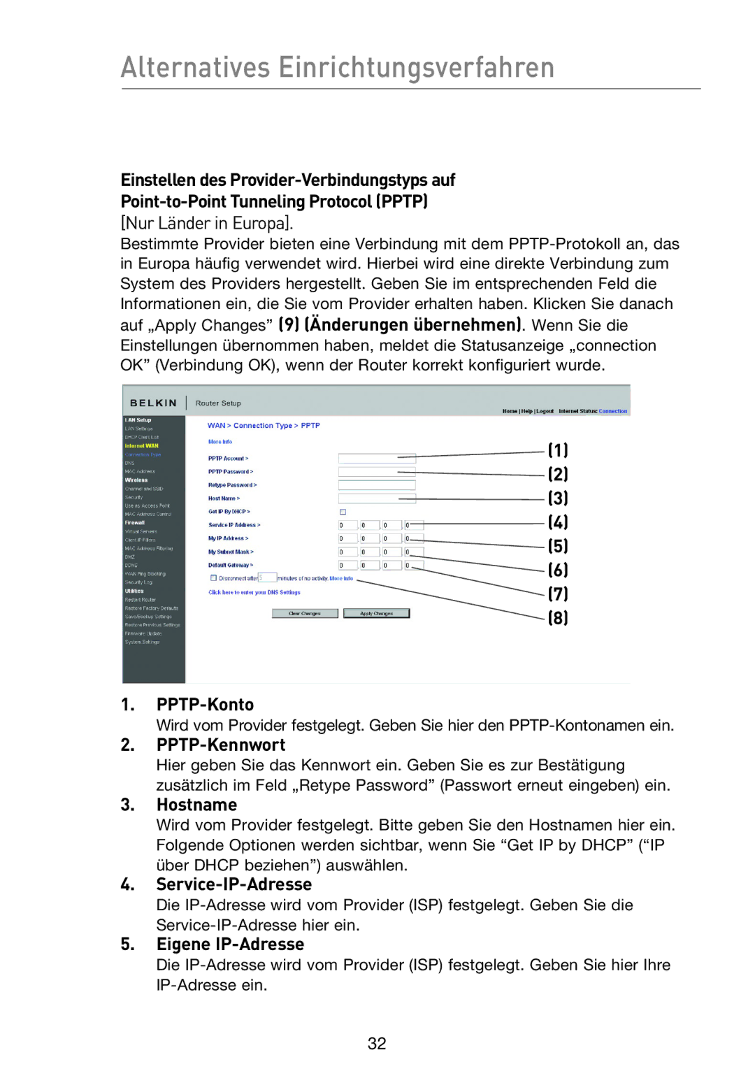 Belkin F5D8233EA4 user manual PPTP-Konto, PPTP-Kennwort, Service-IP-Adresse, Eigene IP-Adresse 