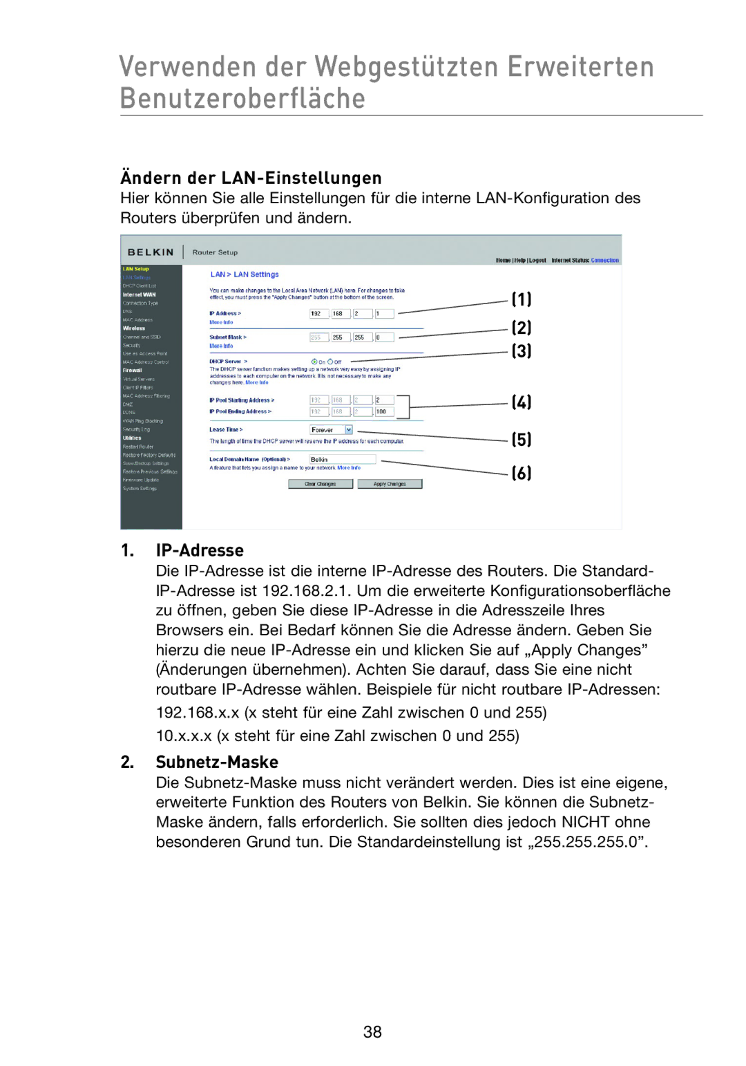 Belkin F5D8233EA4 Verwenden der Webgestützten Erweiterten Benutzeroberfläche, Ändern der LAN-Einstellungen, IP-Adresse 