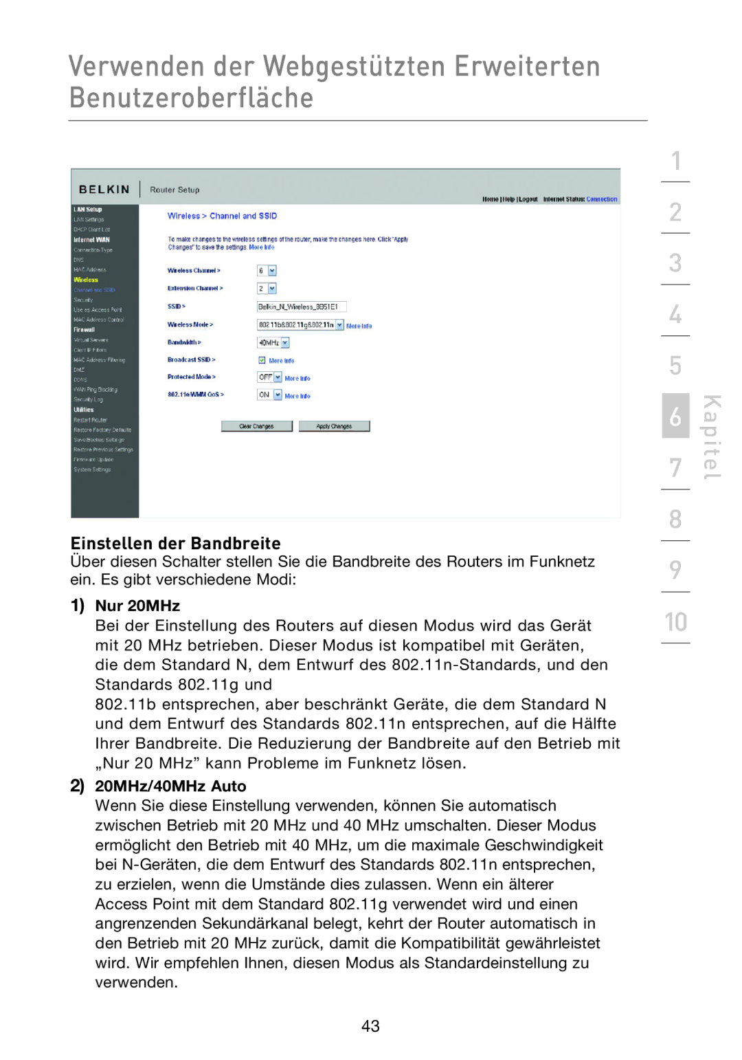 Belkin F5D8233EA4 user manual Einstellen der Bandbreite, Nur 20MHz 