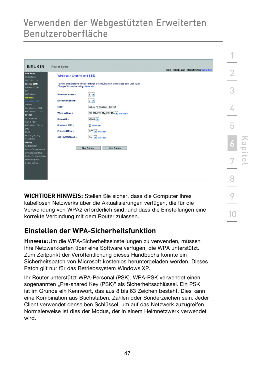 Belkin F5D8233EA4 user manual Einstellen der WPA-Sicherheitsfunktion 