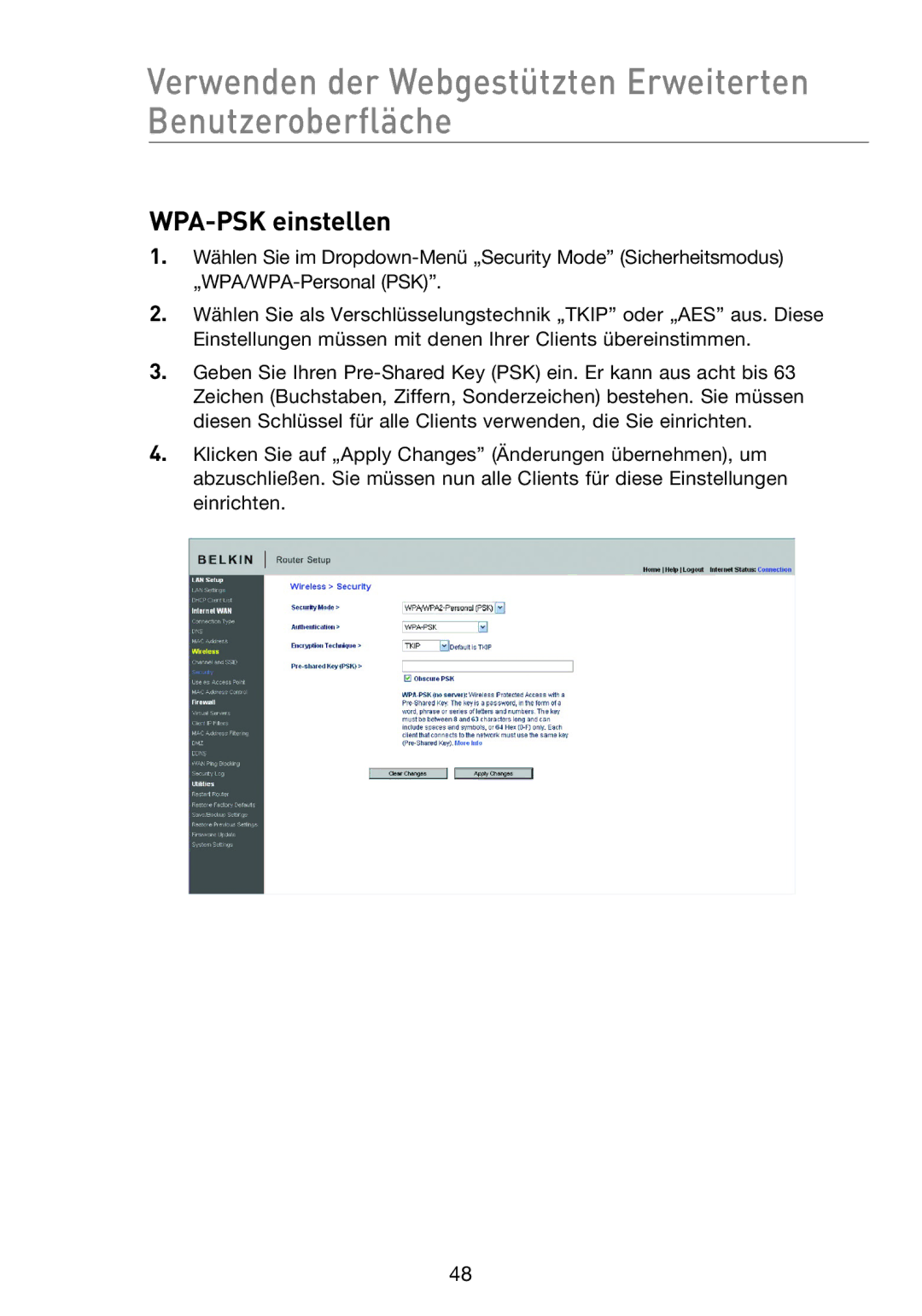 Belkin F5D8233EA4 user manual WPA-PSK einstellen 