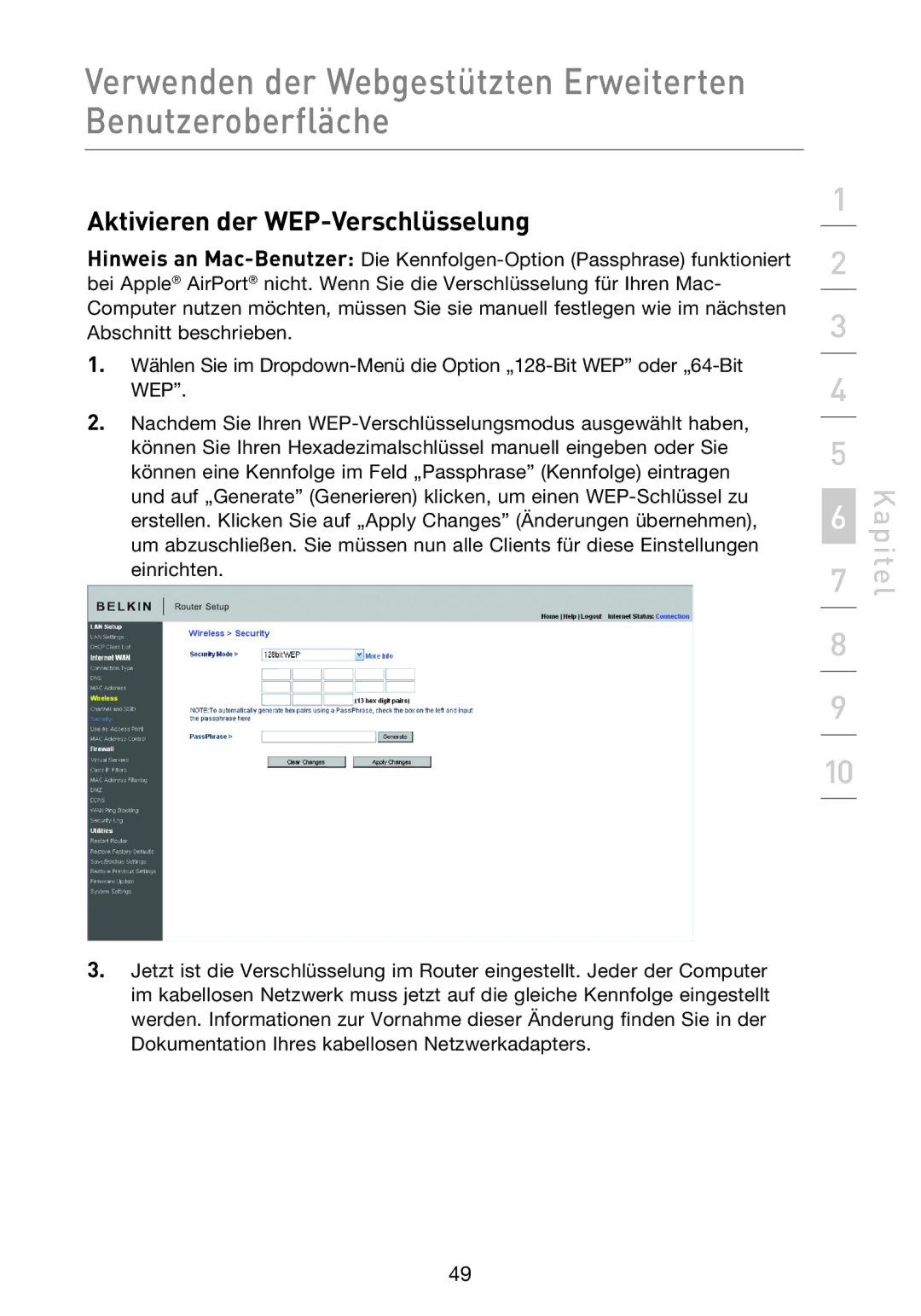 Belkin F5D8233EA4 user manual Aktivieren der WEP-Verschlüsselung 