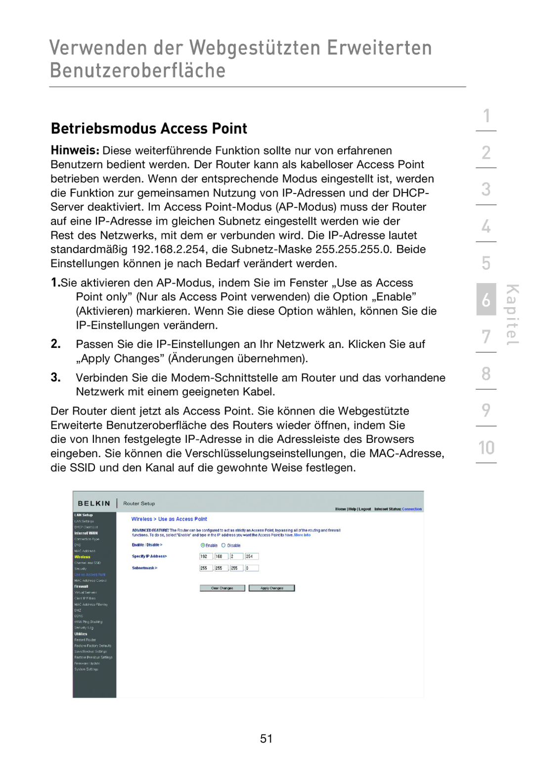 Belkin F5D8233EA4 user manual Betriebsmodus Access Point 