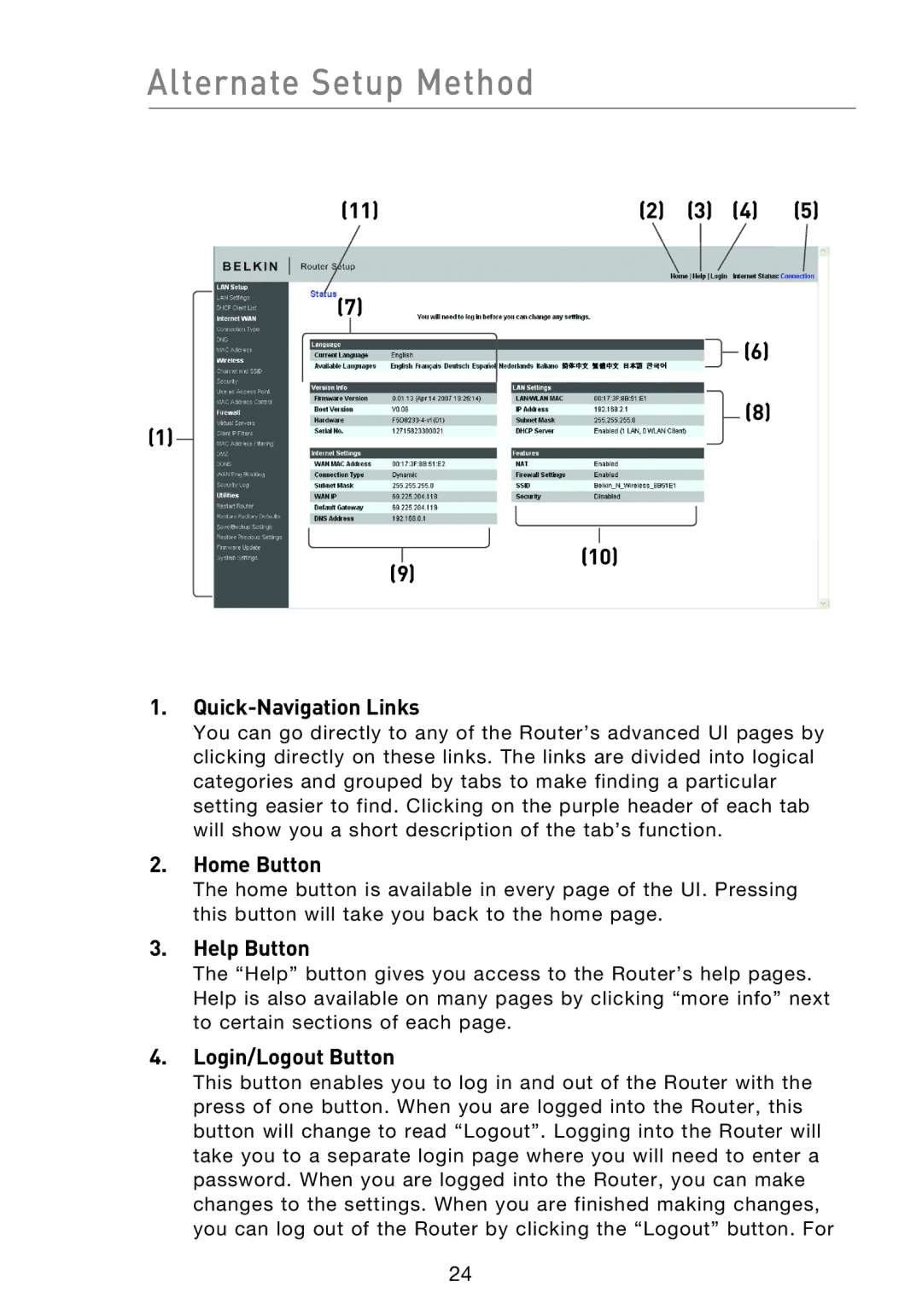 Belkin F5D8233EA4 user manual Alternate Setup Method, Quick-Navigation Links, Home Button, Help Button, Login/Logout Button 