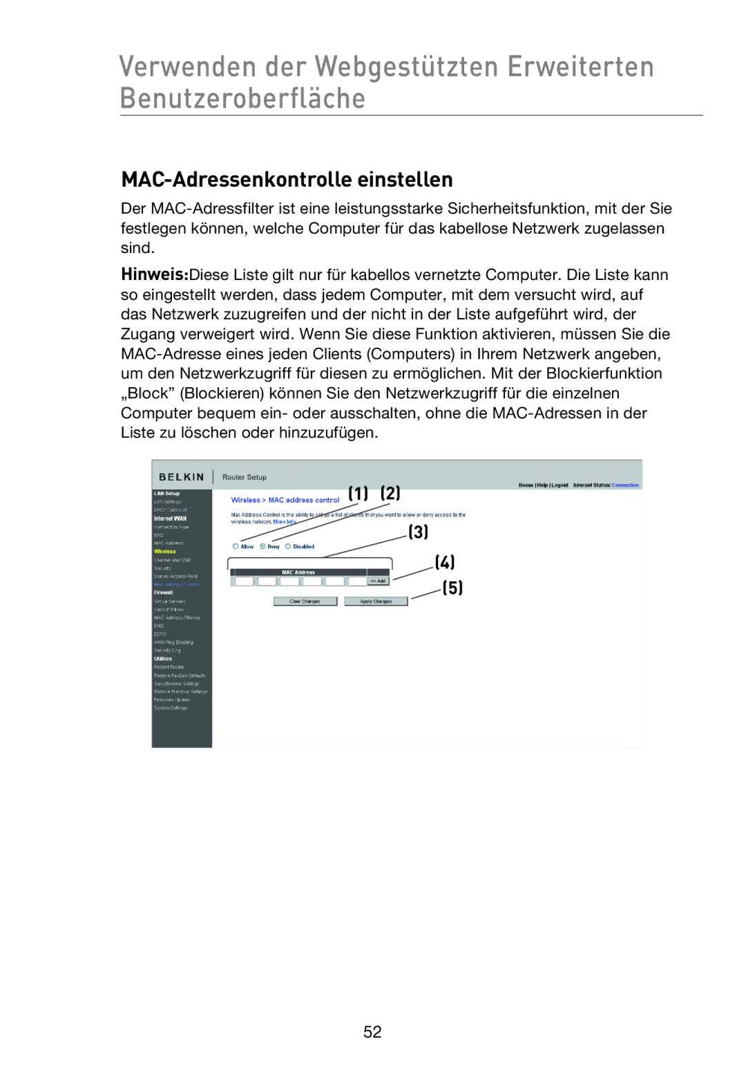 Belkin F5D8233EA4 user manual MAC-Adressenkontrolle einstellen 