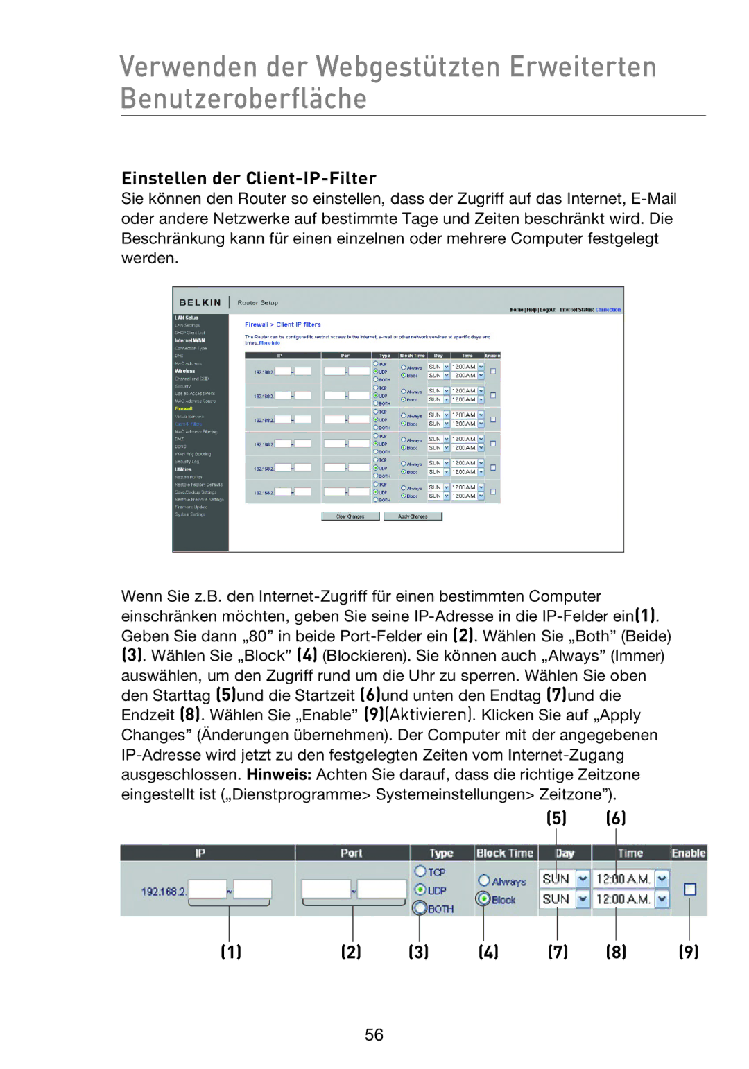 Belkin F5D8233EA4 user manual Einstellen der Client-IP-Filter 