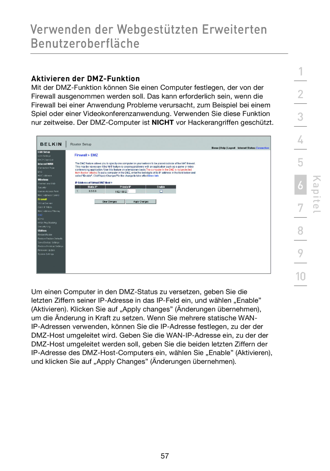 Belkin F5D8233EA4 user manual Aktivieren der DMZ-Funktion 