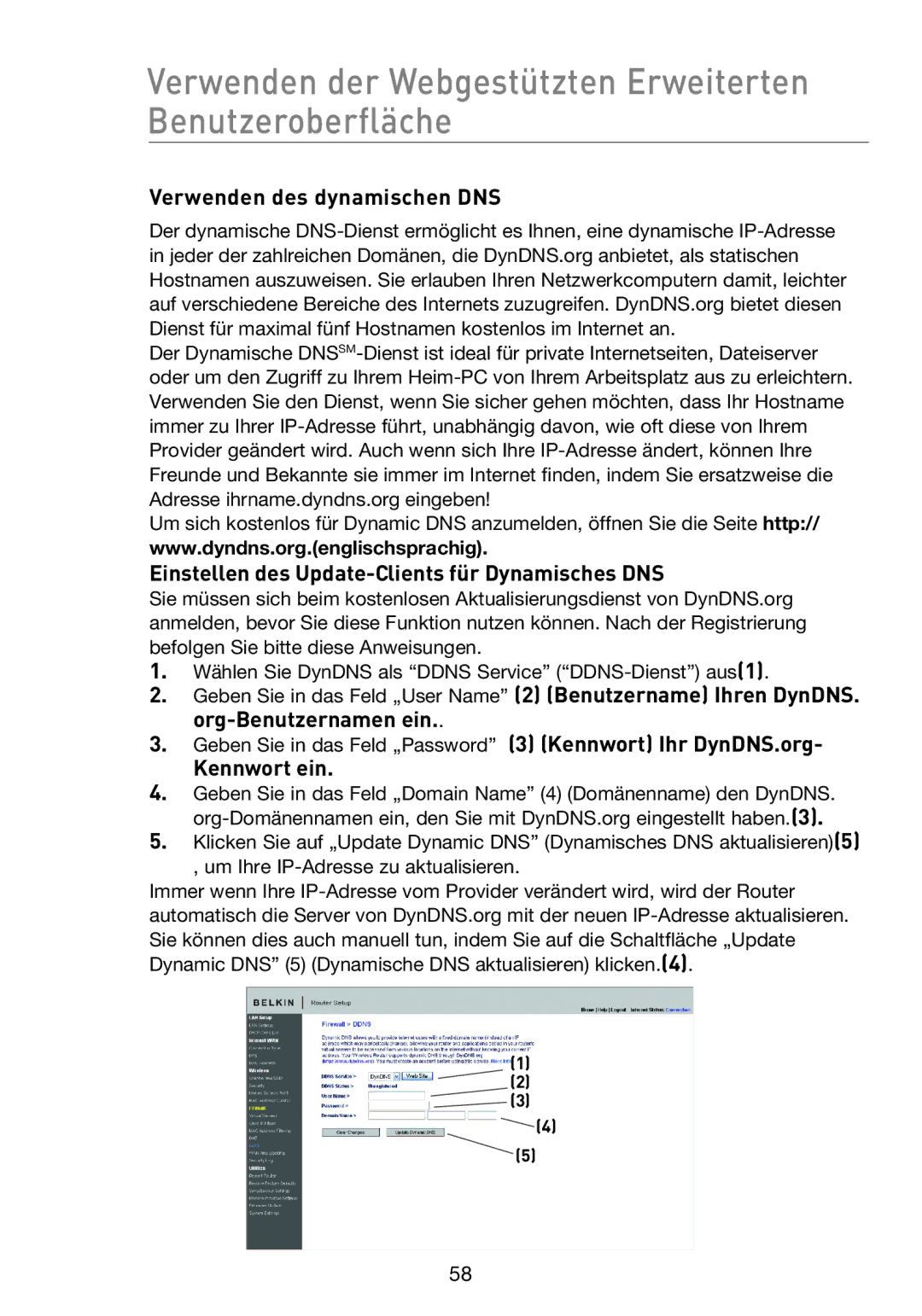 Belkin F5D8233EA4 Verwenden des dynamischen DNS, Einstellen des Update-Clients für Dynamisches DNS, Kennwort ein 