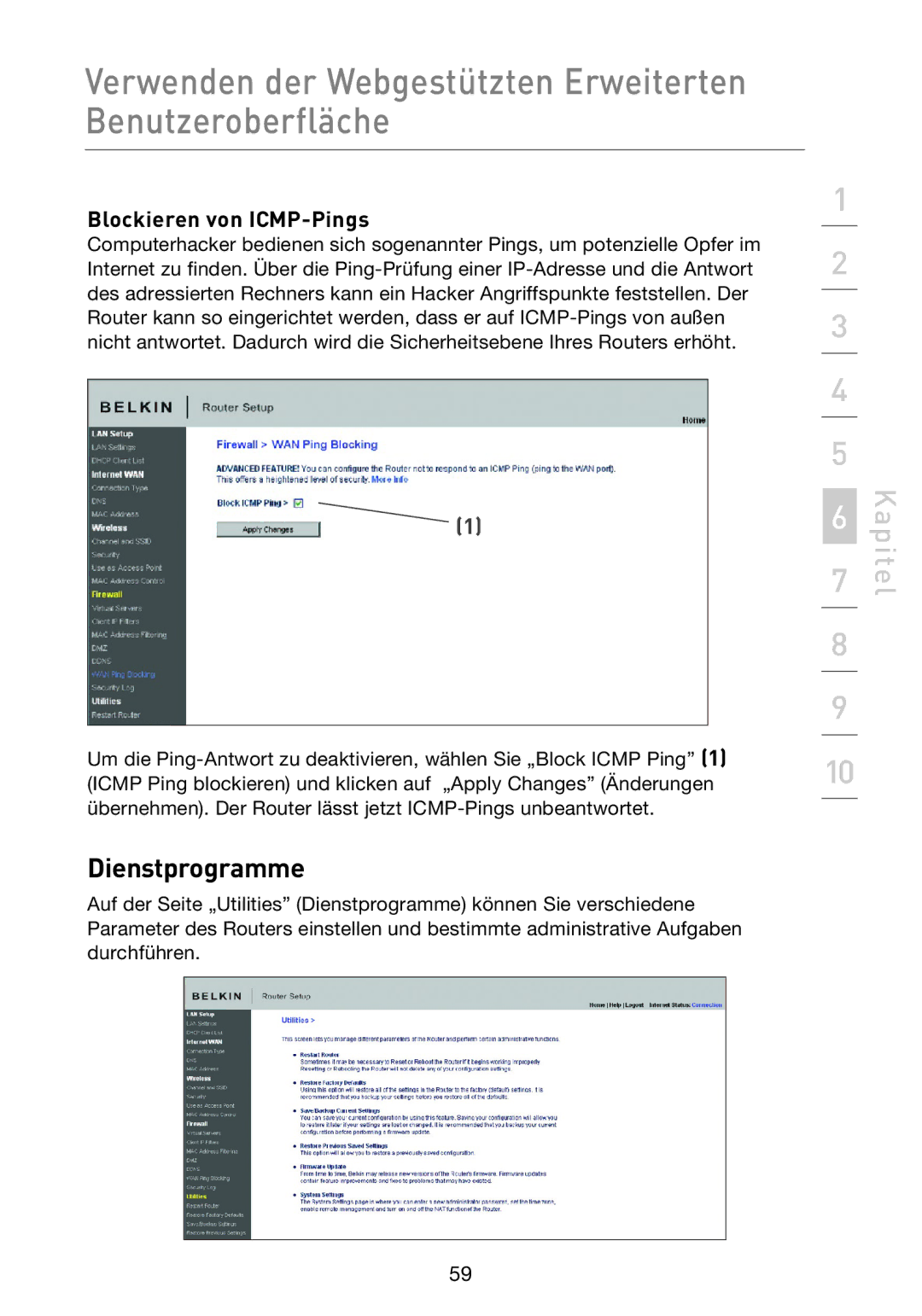 Belkin F5D8233EA4 user manual Dienstprogramme, Blockieren von ICMP-Pings 