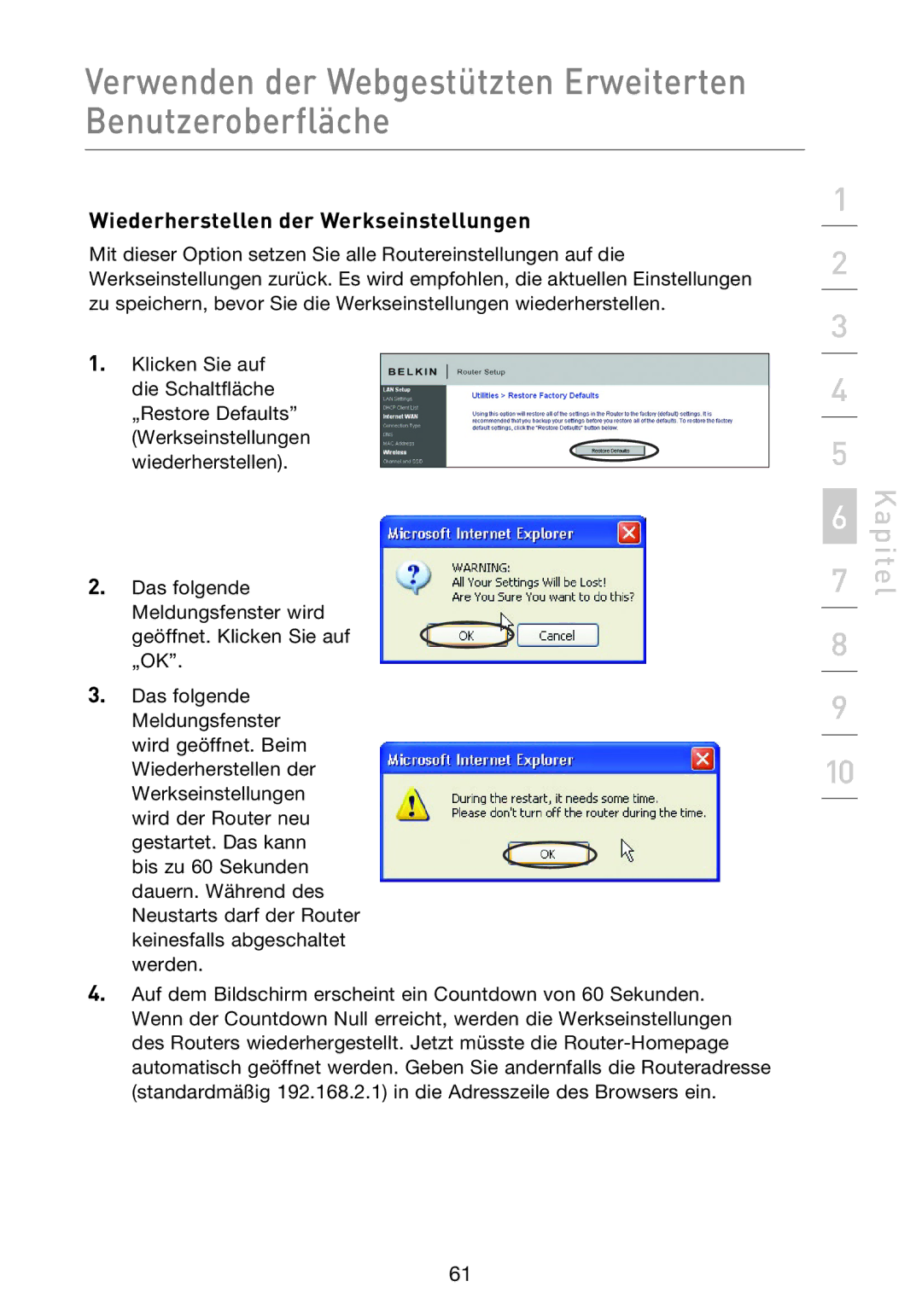 Belkin F5D8233EA4 user manual Wiederherstellen der Werkseinstellungen 