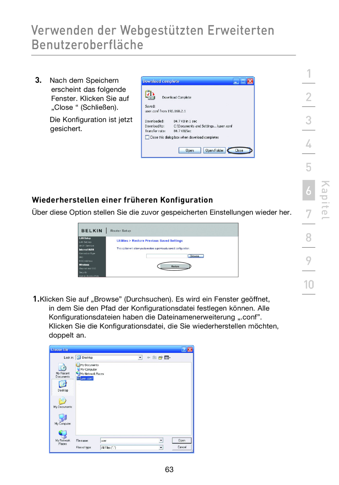 Belkin F5D8233EA4 user manual Wiederherstellen einer früheren Konfiguration 