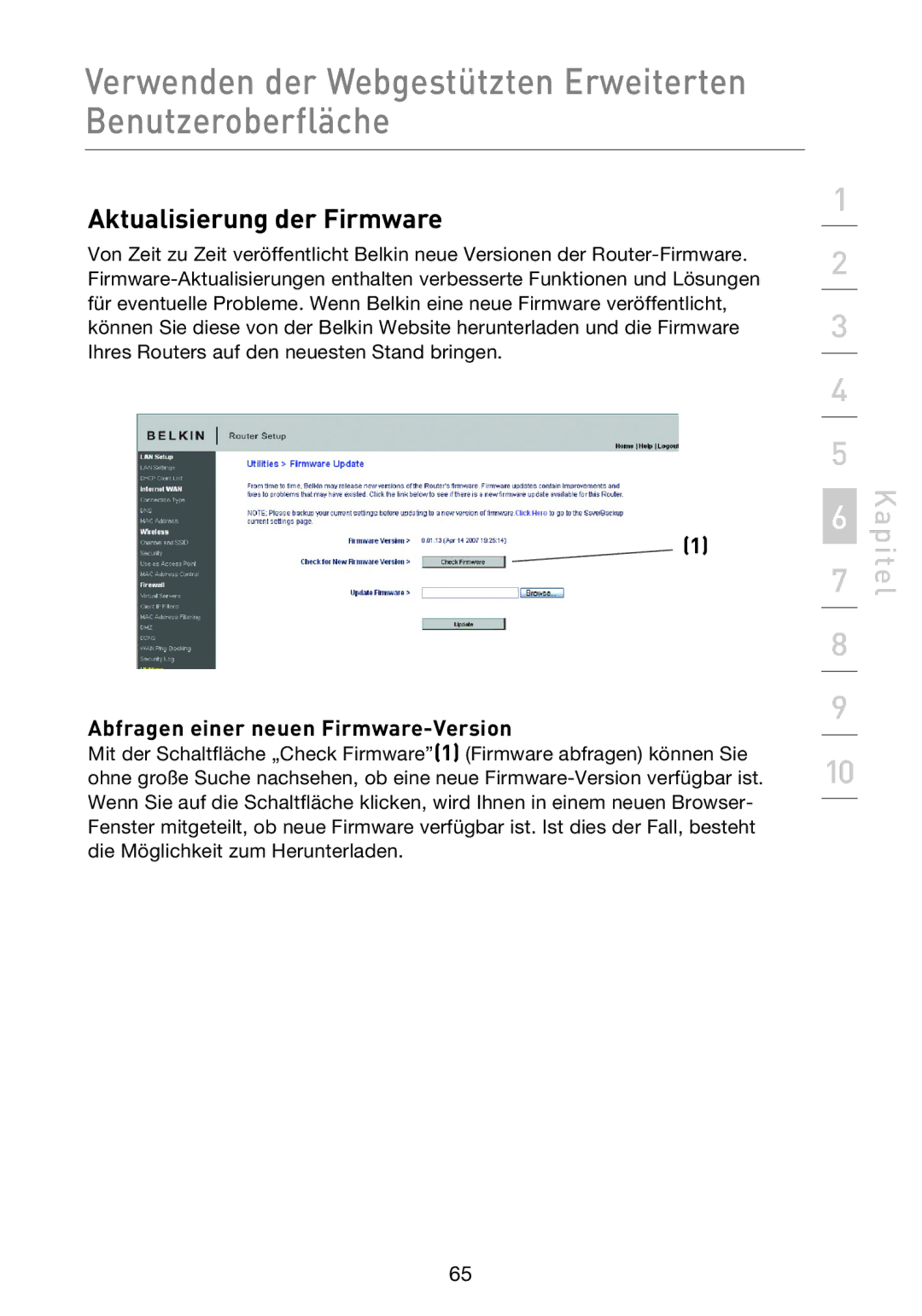 Belkin F5D8233EA4 user manual Aktualisierung der Firmware, Abfragen einer neuen Firmware-Version 