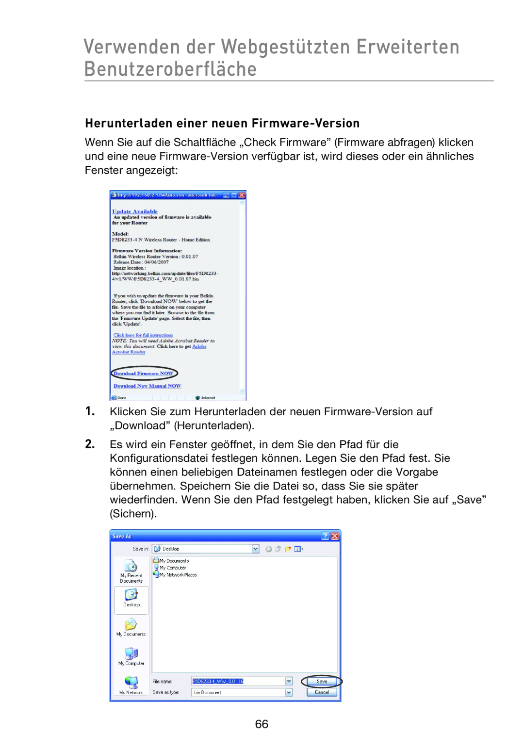 Belkin F5D8233EA4 user manual Herunterladen einer neuen Firmware-Version 